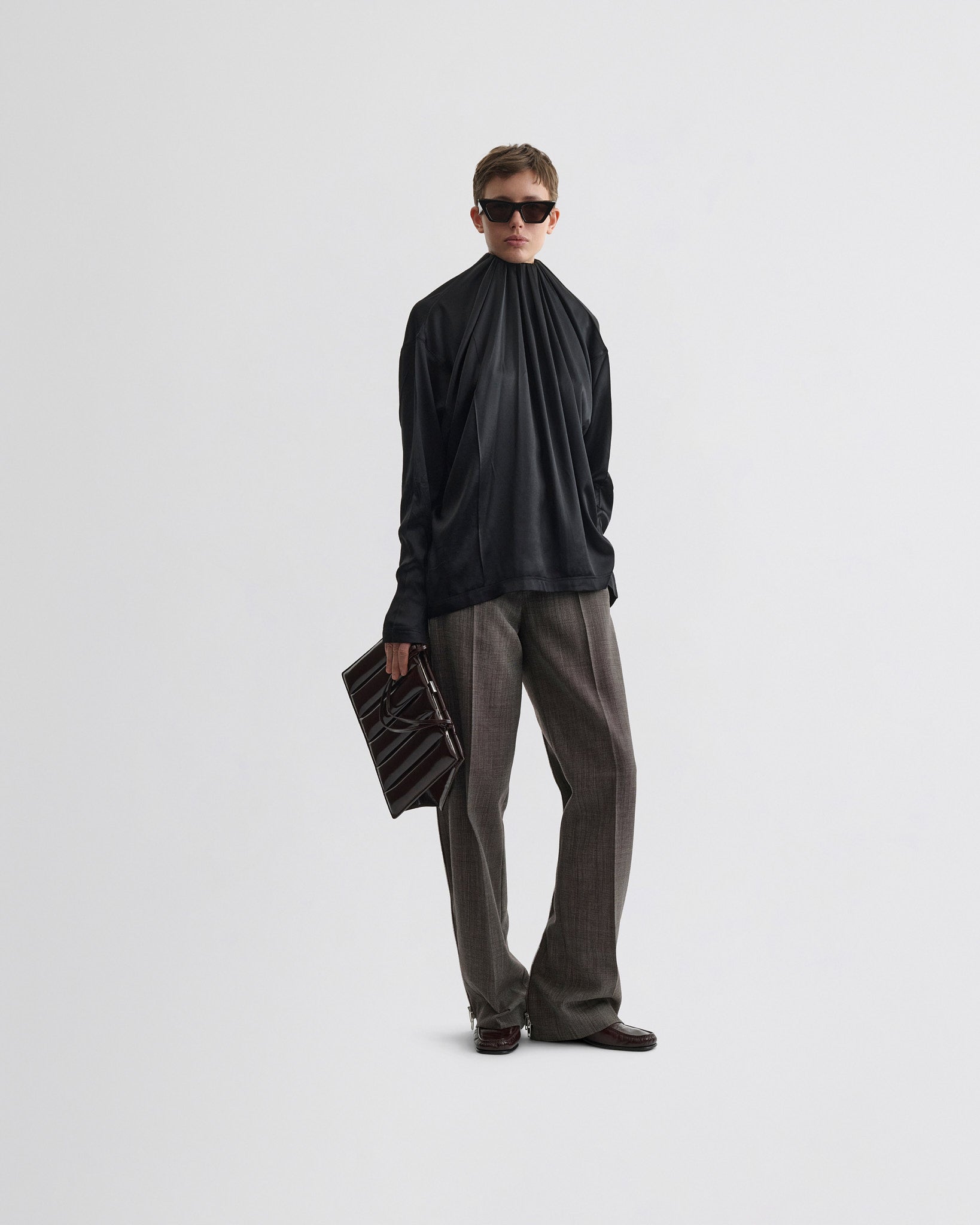 View of liquid soft ridge top in black silk