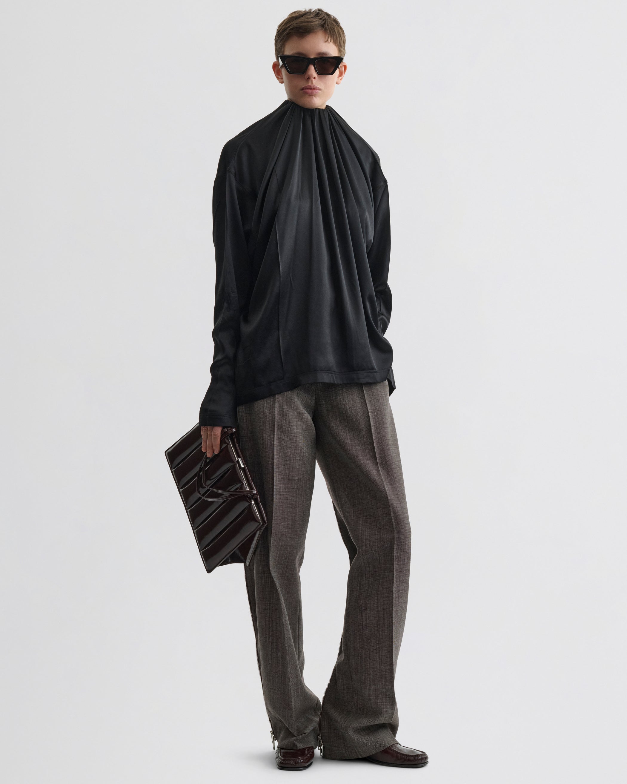 Front view of LIQUID SOFT RIDGE TOP in black silk