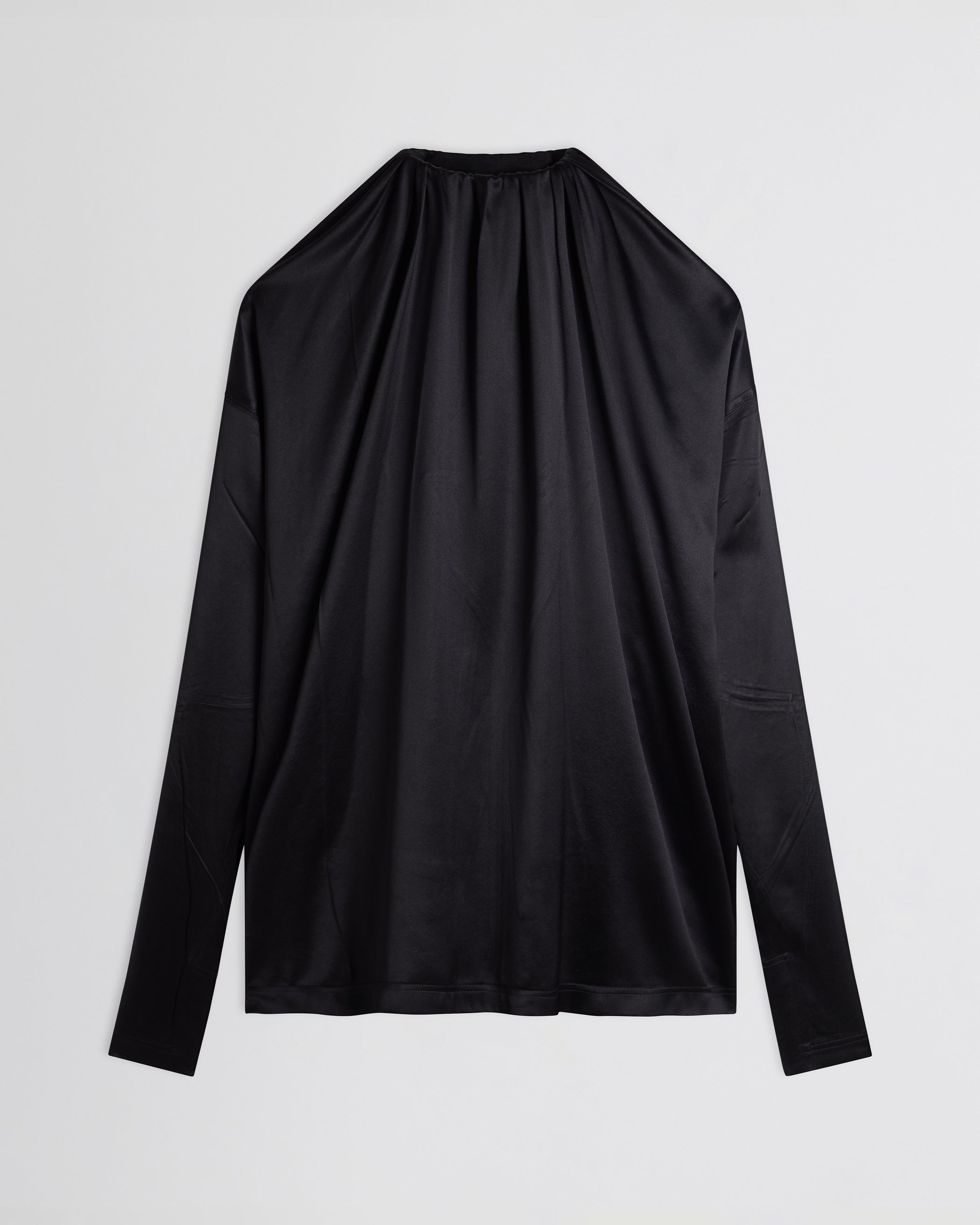 Flat front view of LIQUID SOFT RIDGE TOP in black silk