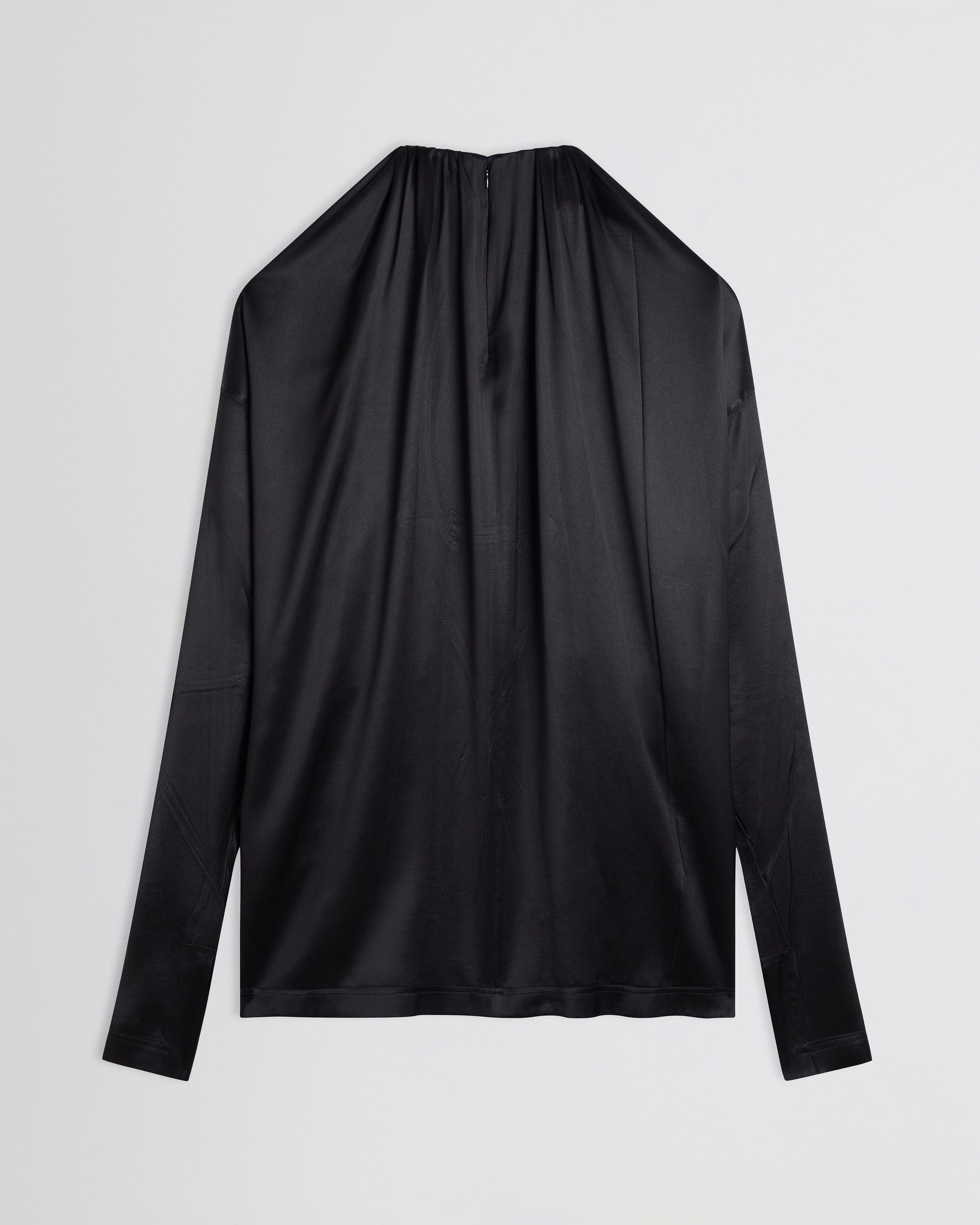 Flat back view of LIQUID SOFT RIDGE TOP in black silk