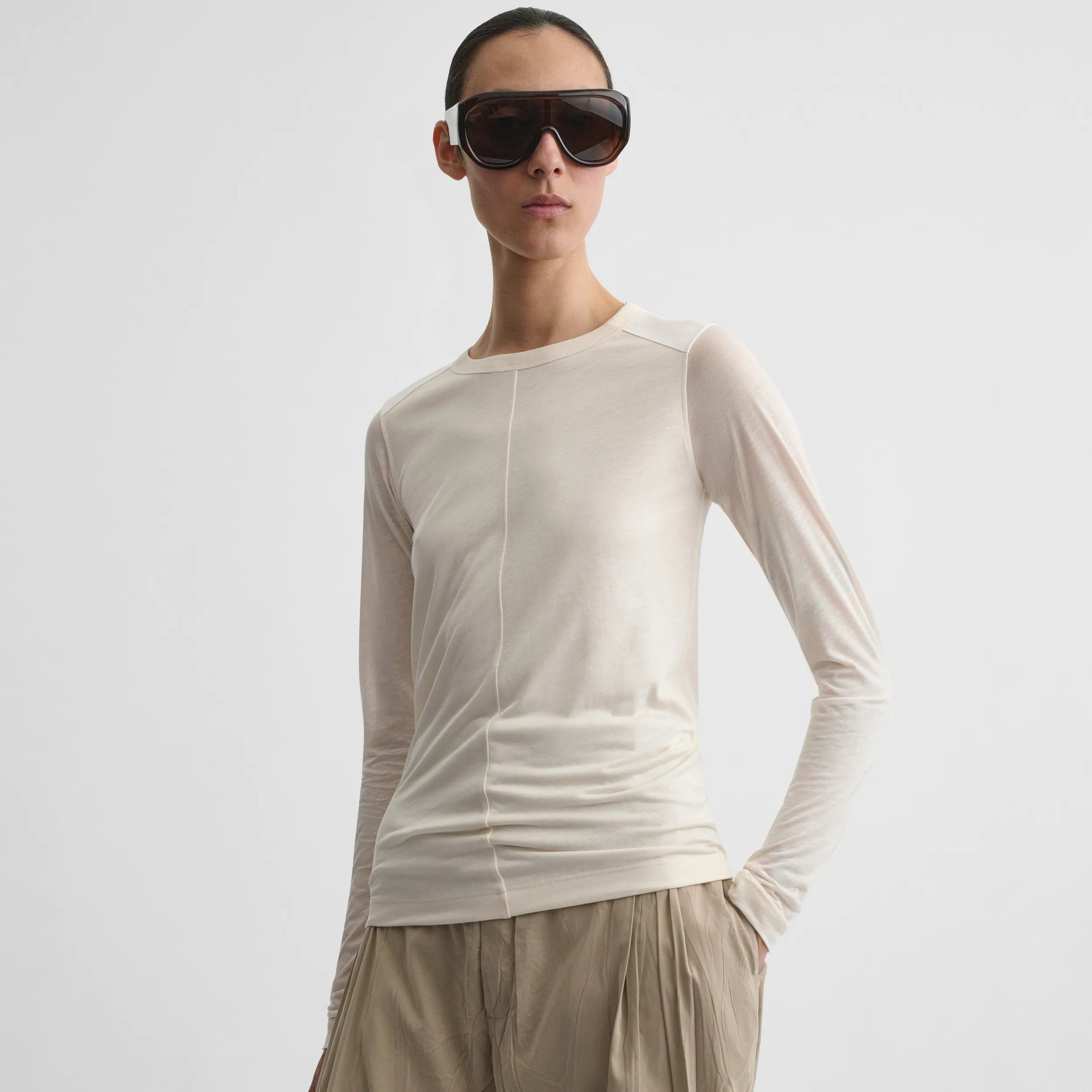 Front view of crewneck top in ivory cotton