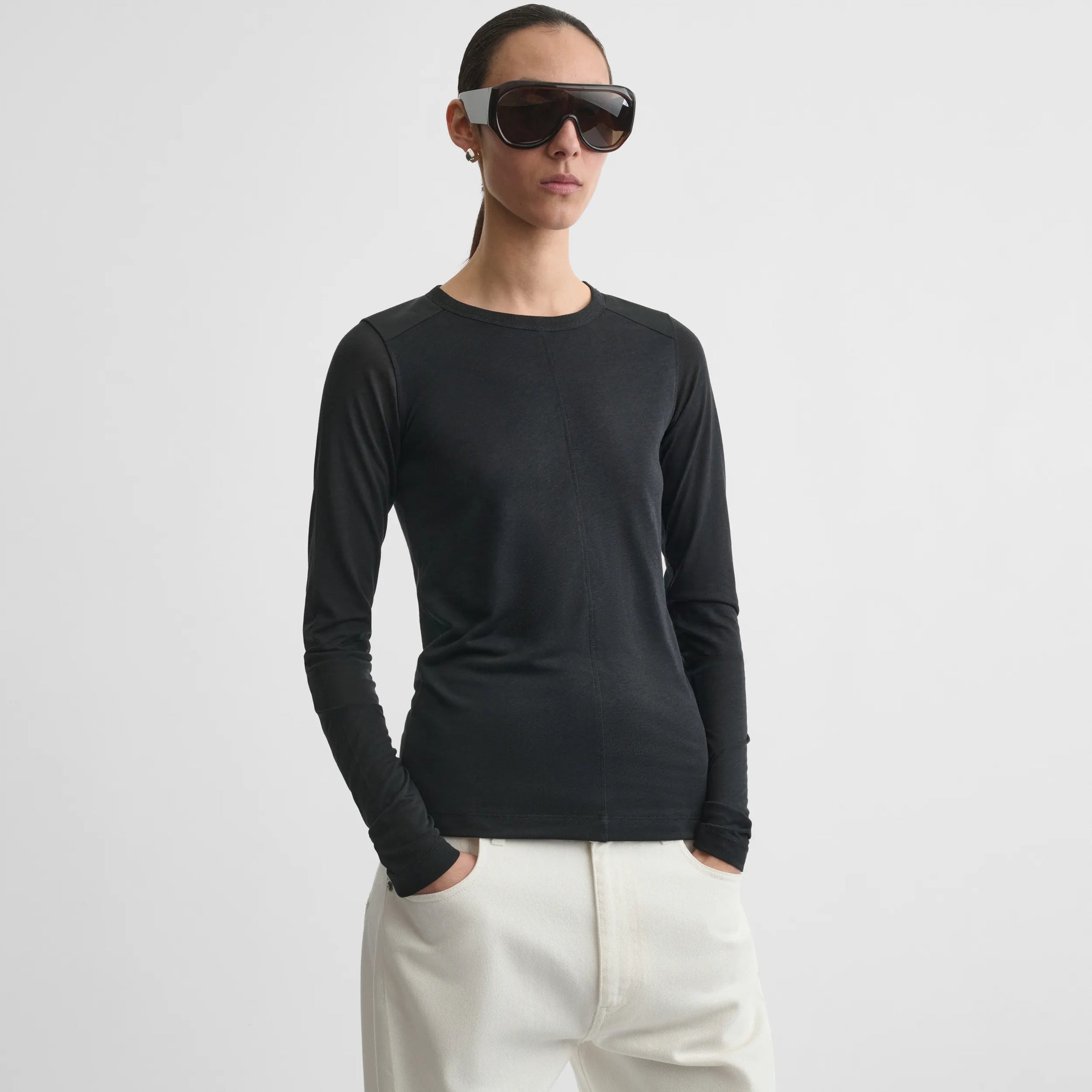 Front view of crewneck top in black cotton