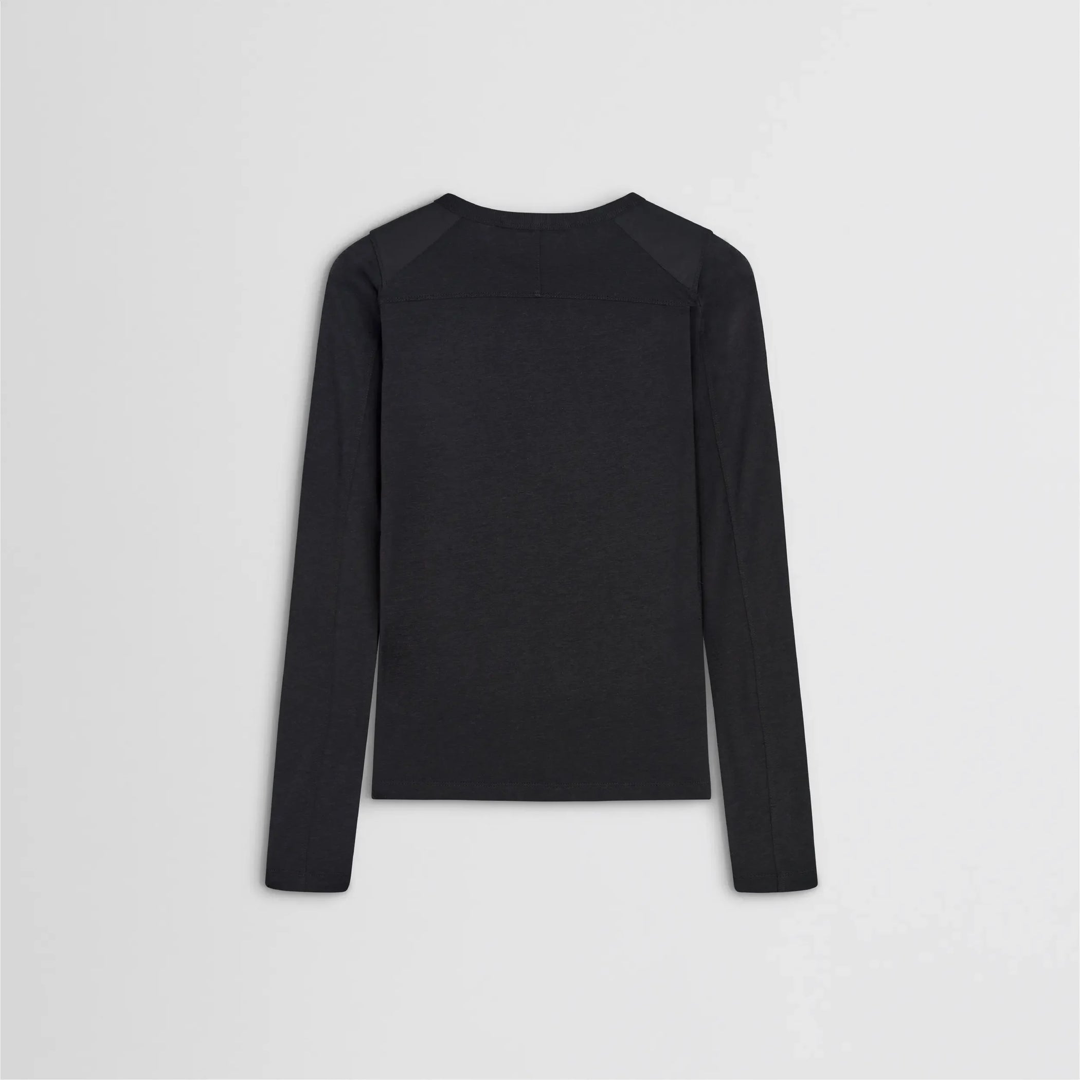Flat back view of crewneck top in black cotton