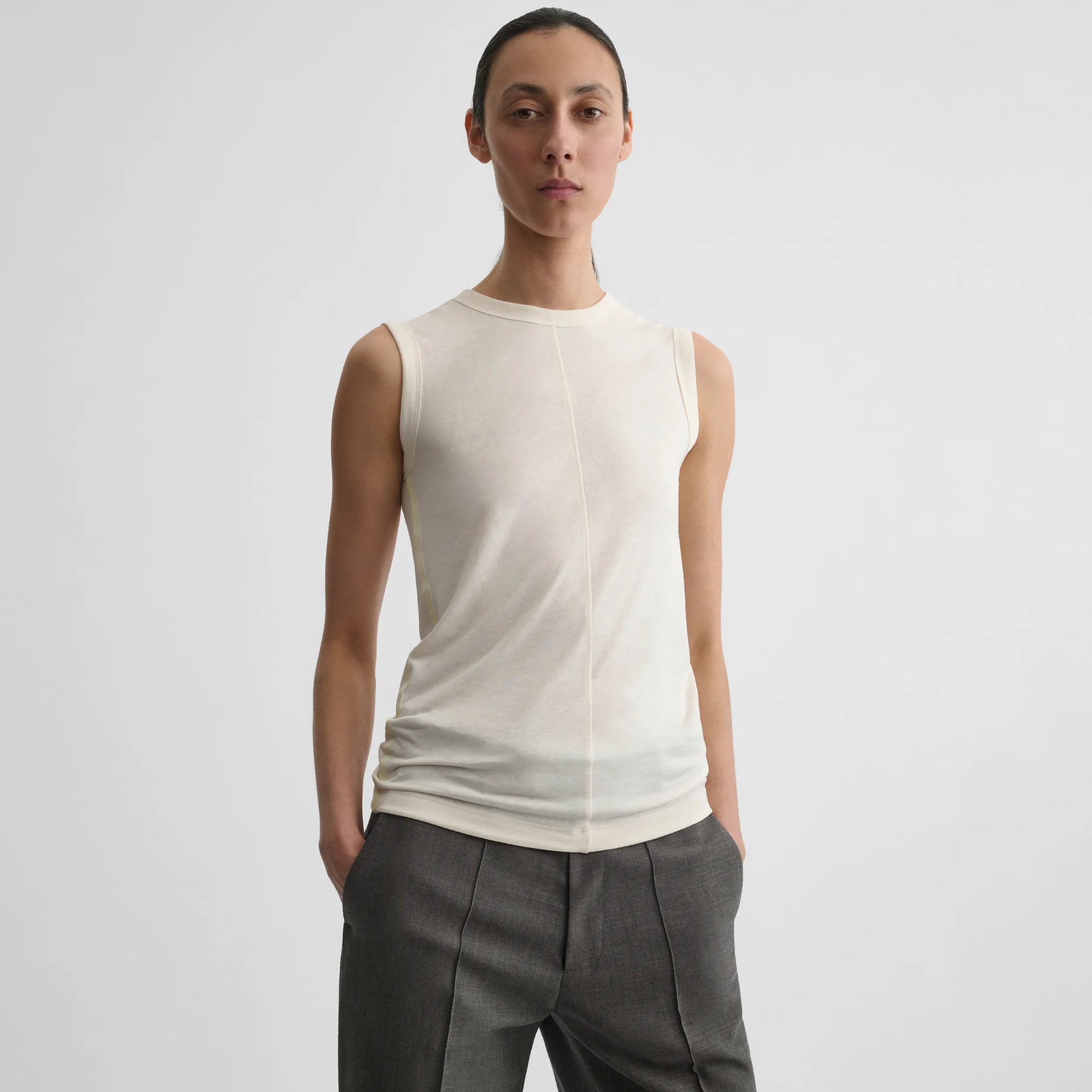 Front view of underpinning tank top in ivory cotton