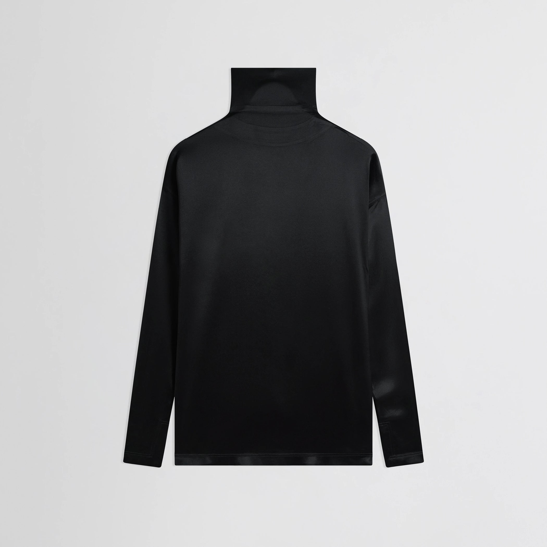 Flat front view of liquid knot collar top in black silk.