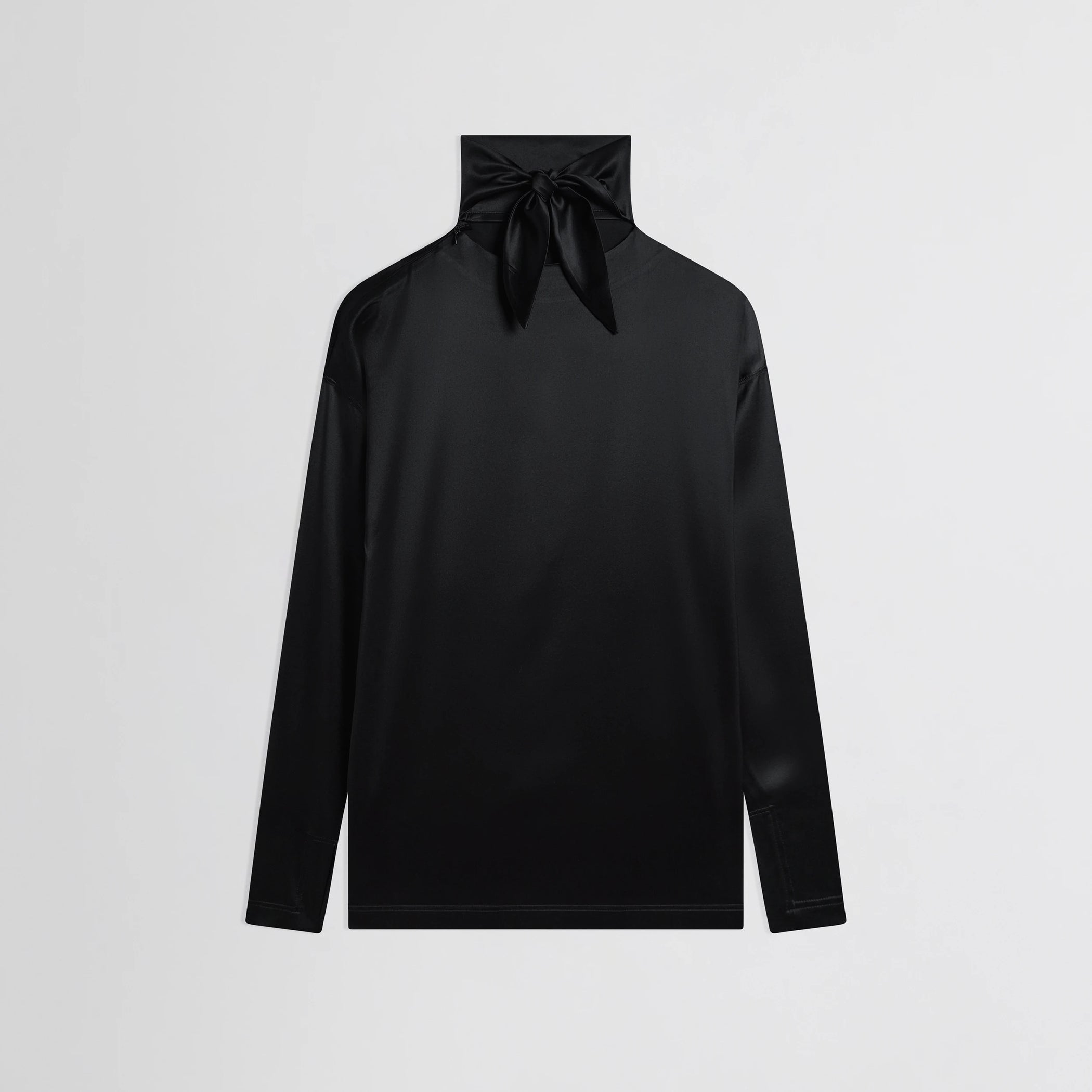 Flat back view of liquid knot collar top in black silk.
