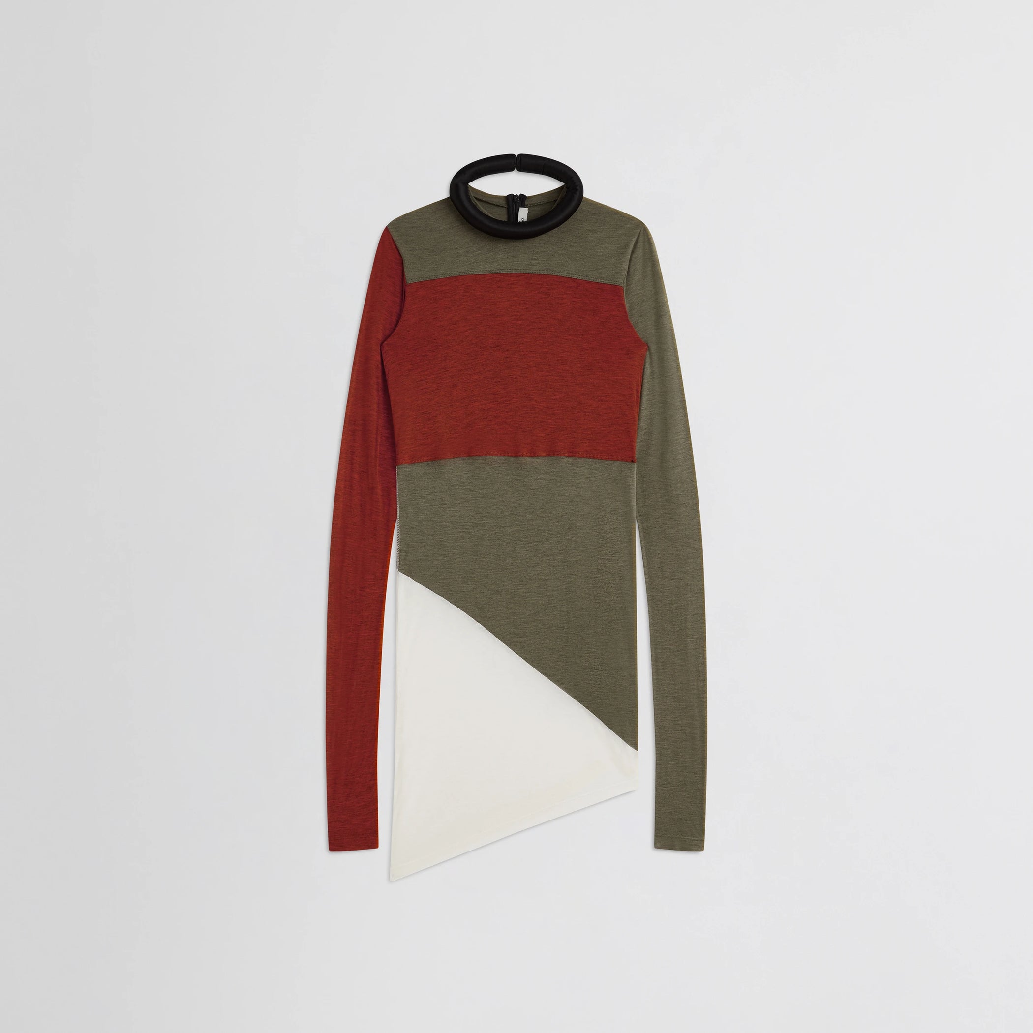 Flat front view of tubular colour block top in ivory tobacco red cotton.