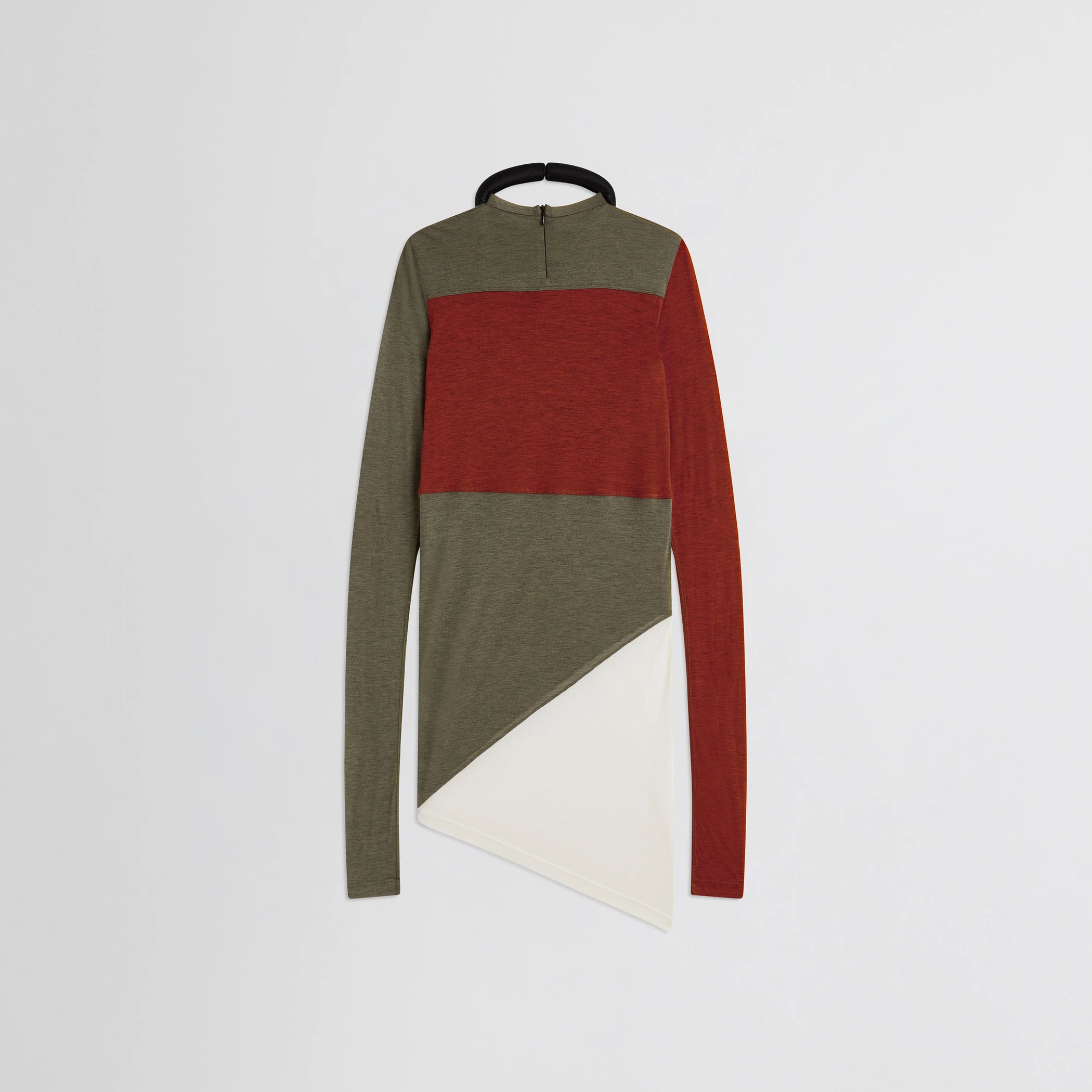 Flat back view of tubular colour block top in ivory tobacco red cotton.