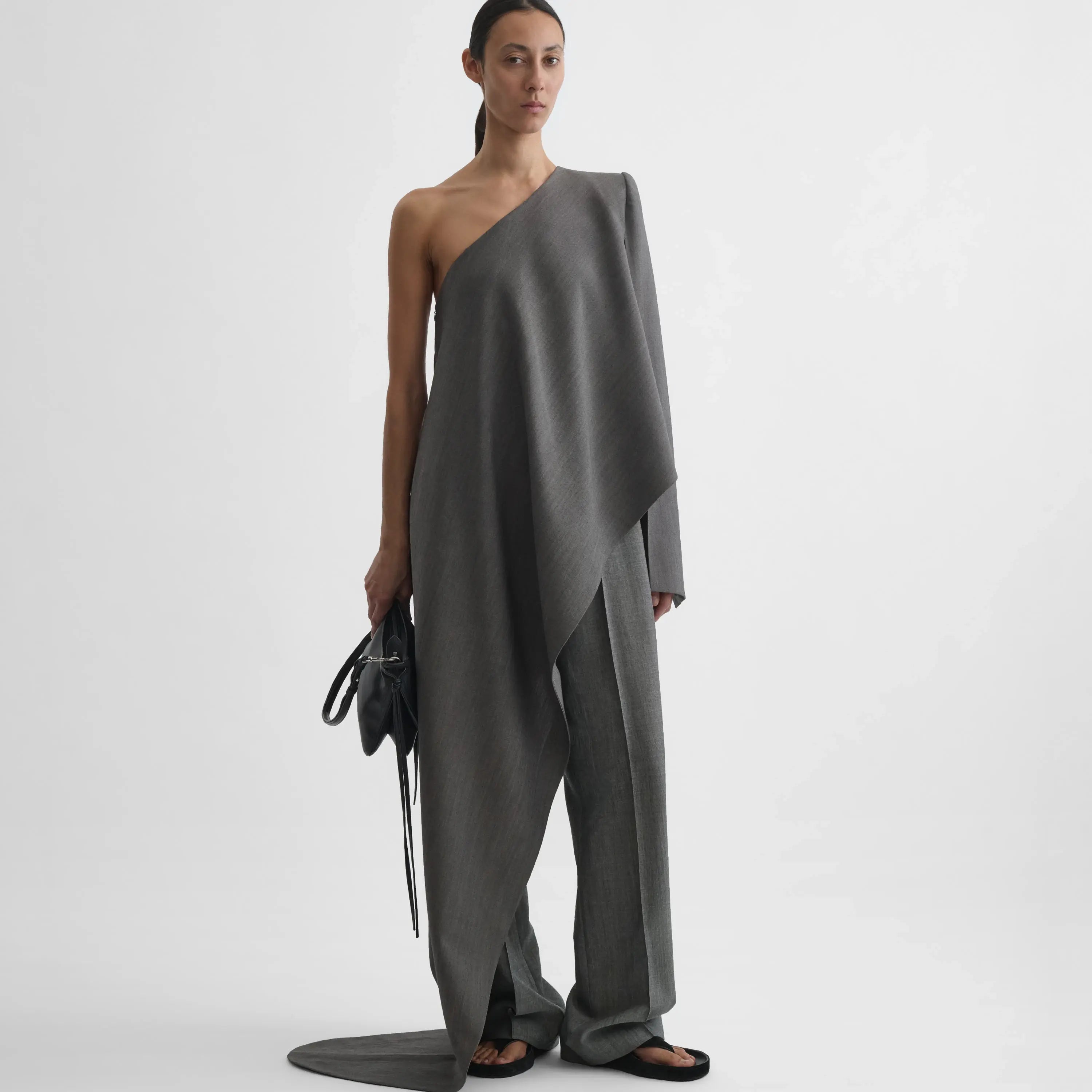 PHOEBE PHILO | SHARP SHOULDER ASYMMETRIC TOP | DARK TAUPE WOOL