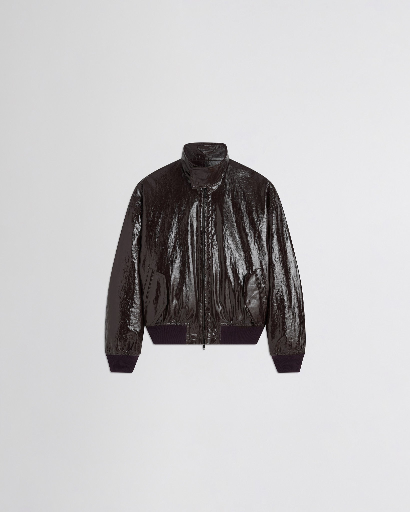 Flat front view of golf jacket in burgundy linen canvas