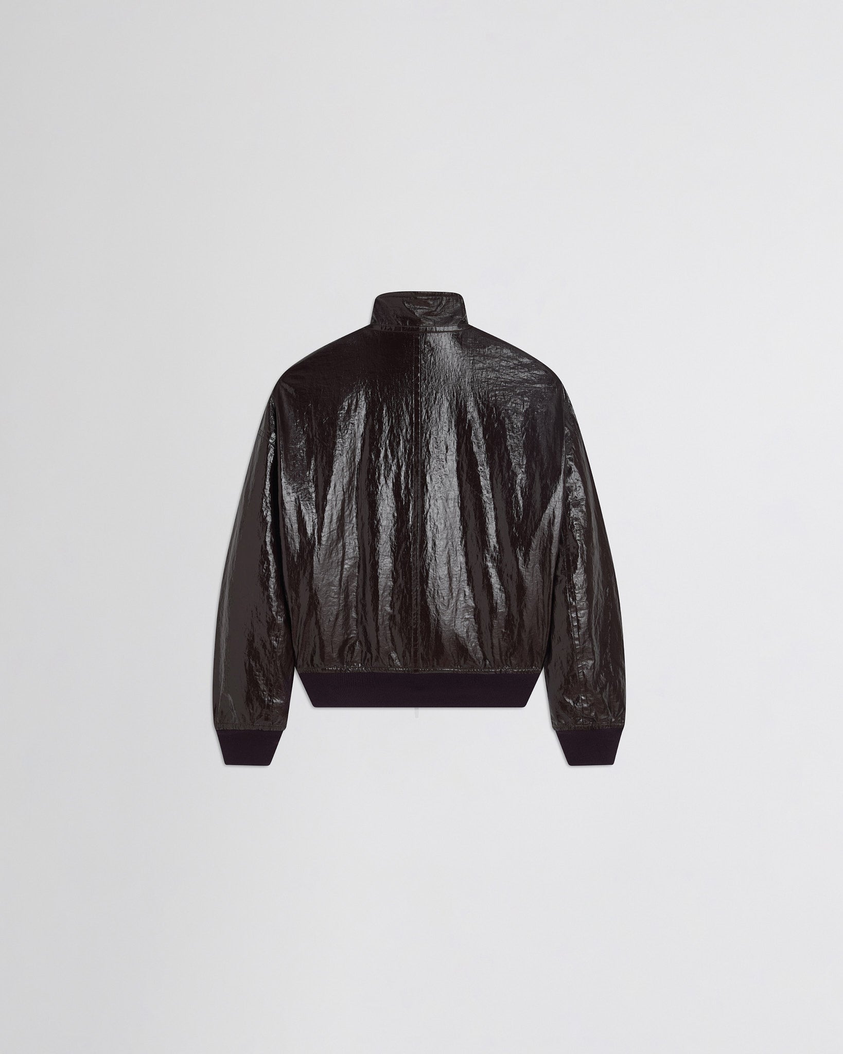 Flat back view of golf jacket in burgundy linen canva