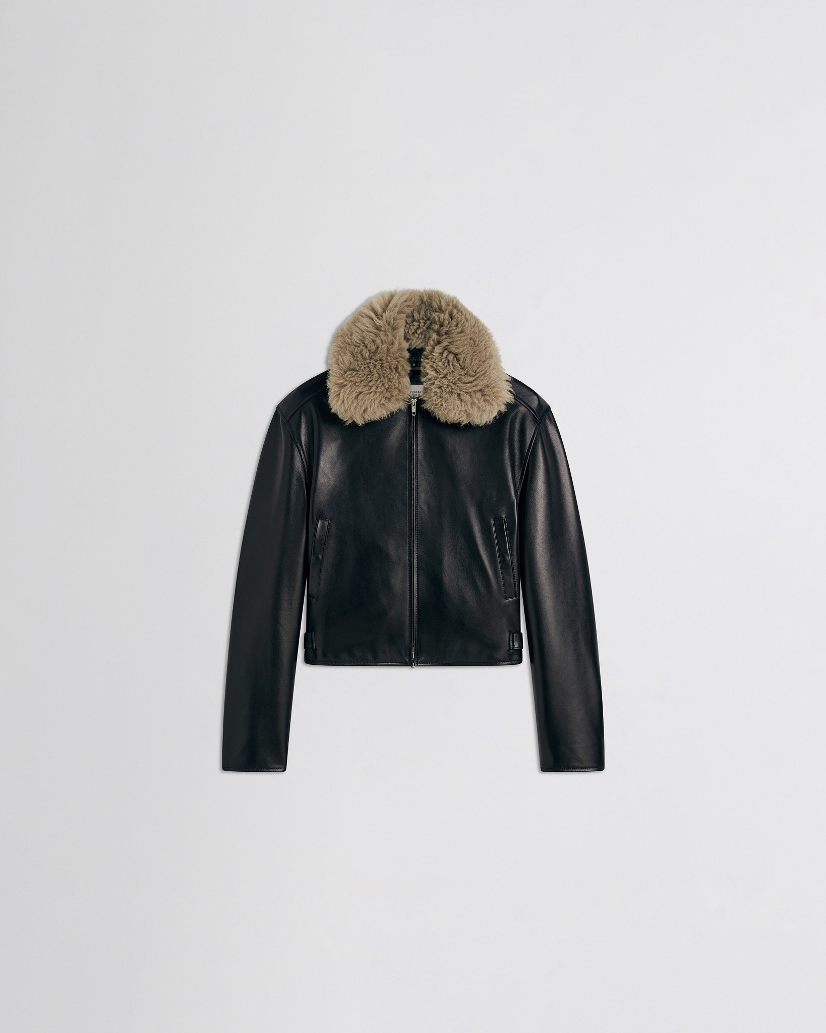 Flat front view of cropped aviator jacket in black leather