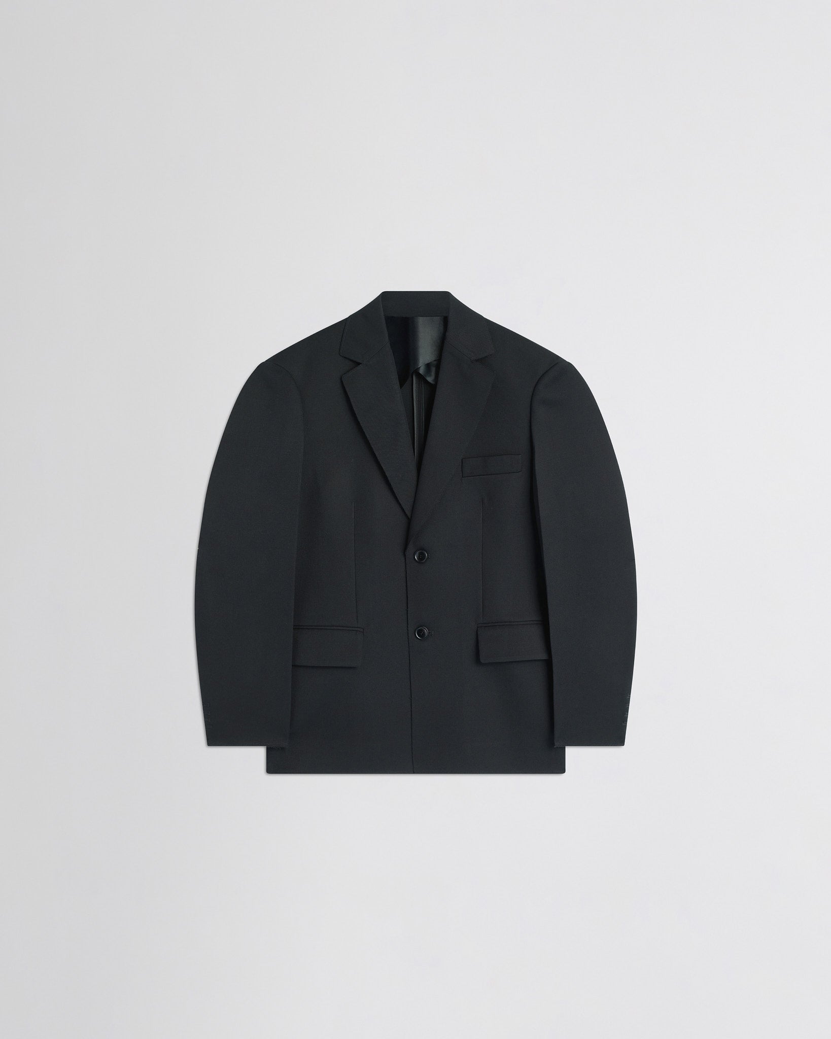 Flat front view of tuxedo jacket in black wool