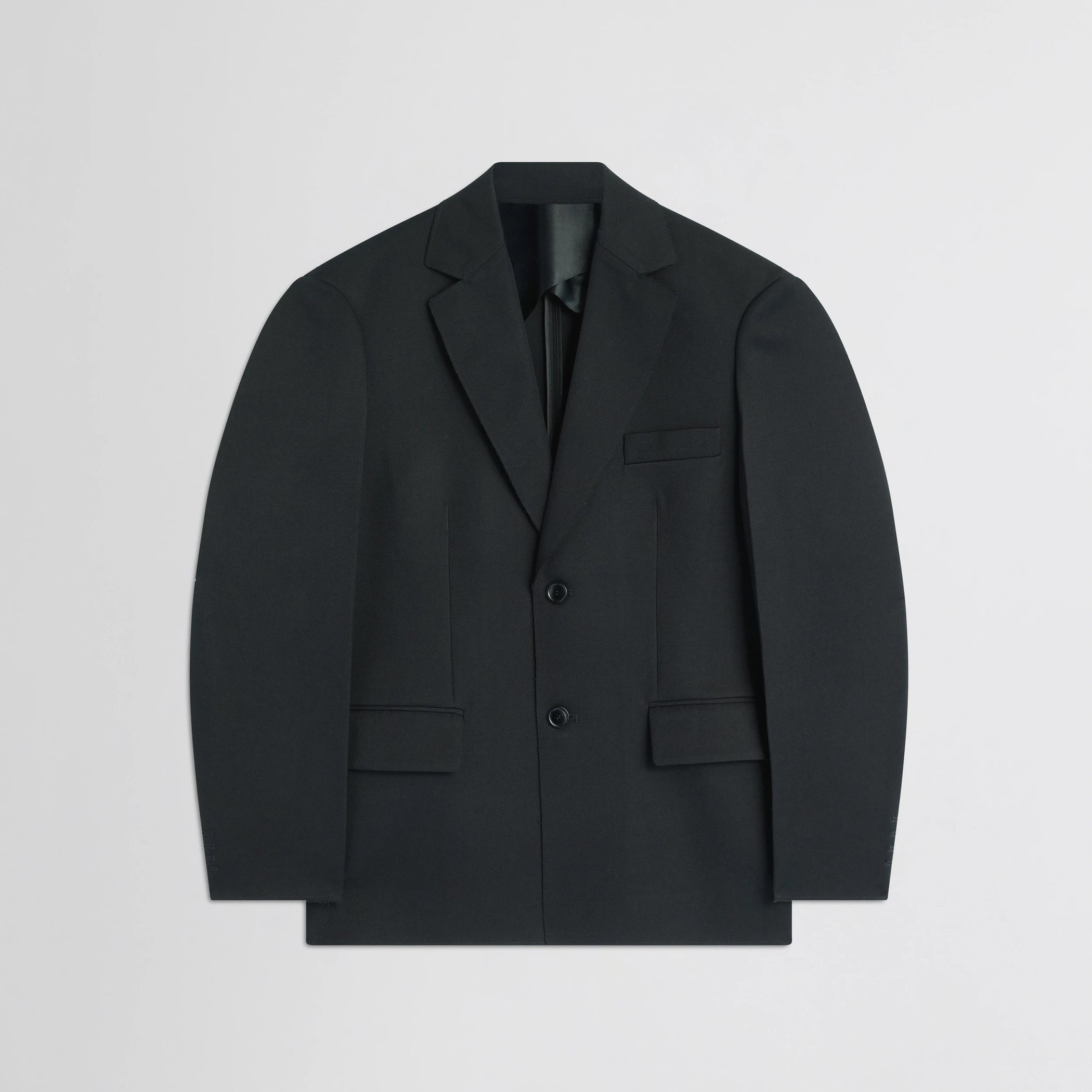 Flat front view of tuxedo jacket in black wool.