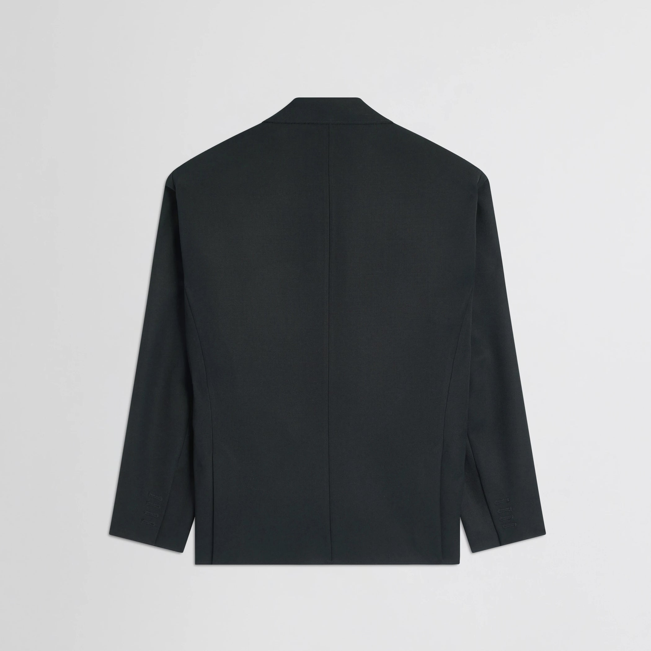Flat back view of tuxedo jacket in black wool.