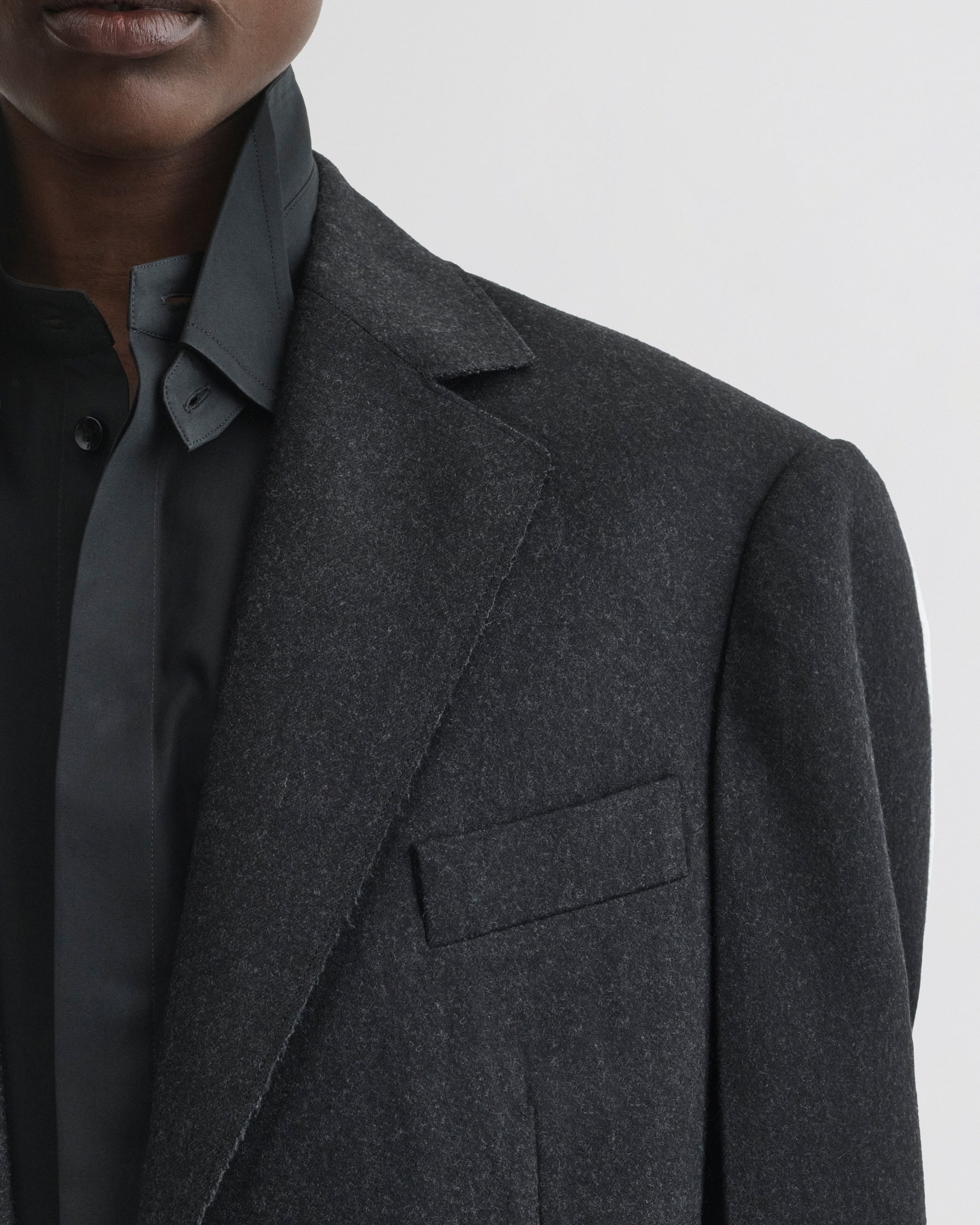 Close up detail view of Tuxedo Jacket in anthracite wool