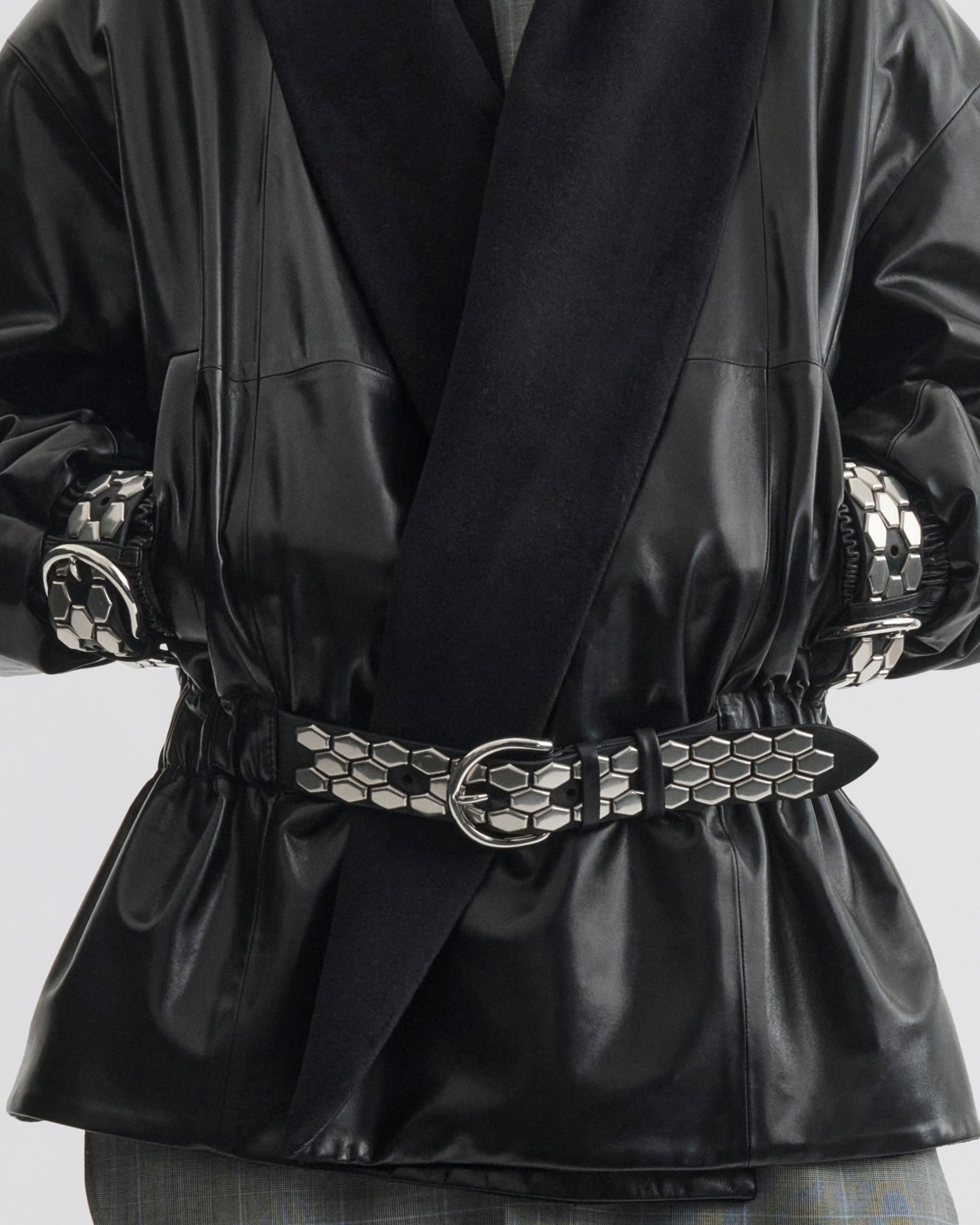 Close up detail view of Stud Jacket in black leather