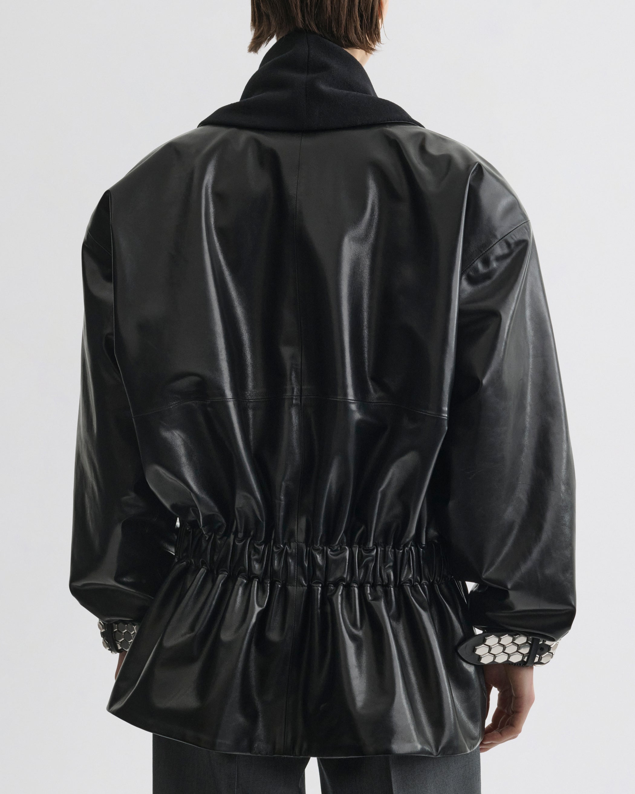 Back view of Stud Jacket in black leather