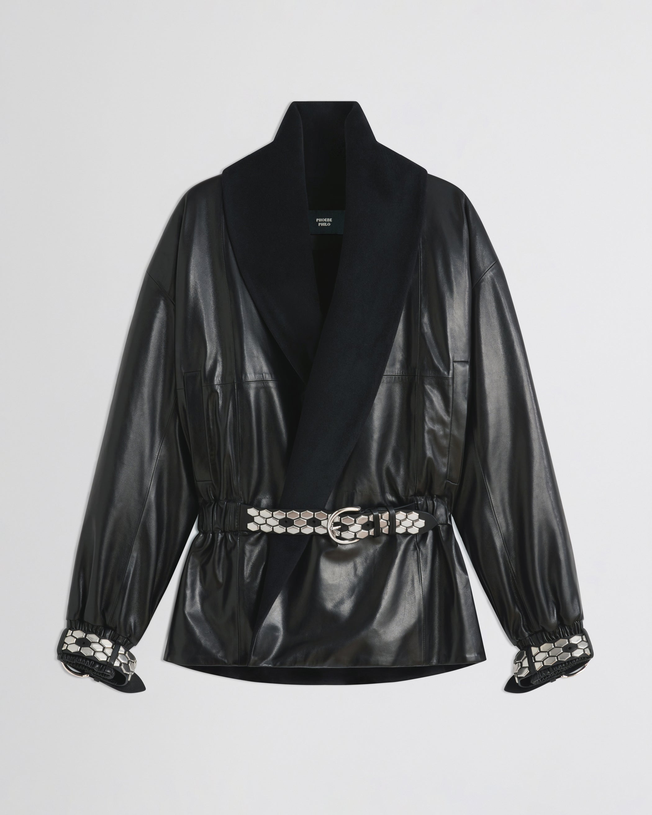 Flat front view of Stud Jacket in black leather
