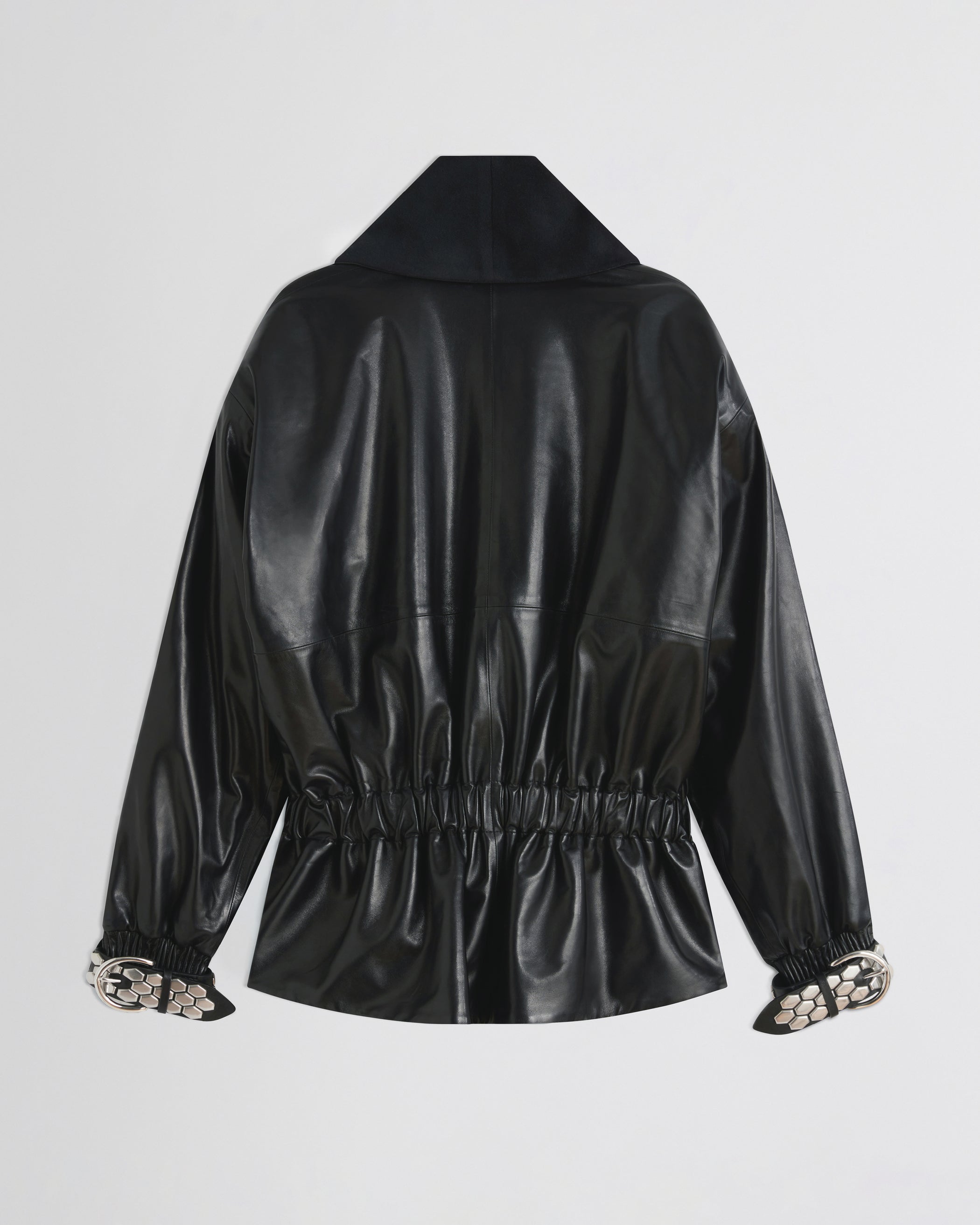 Flat back view of Stud Jacket in black leather