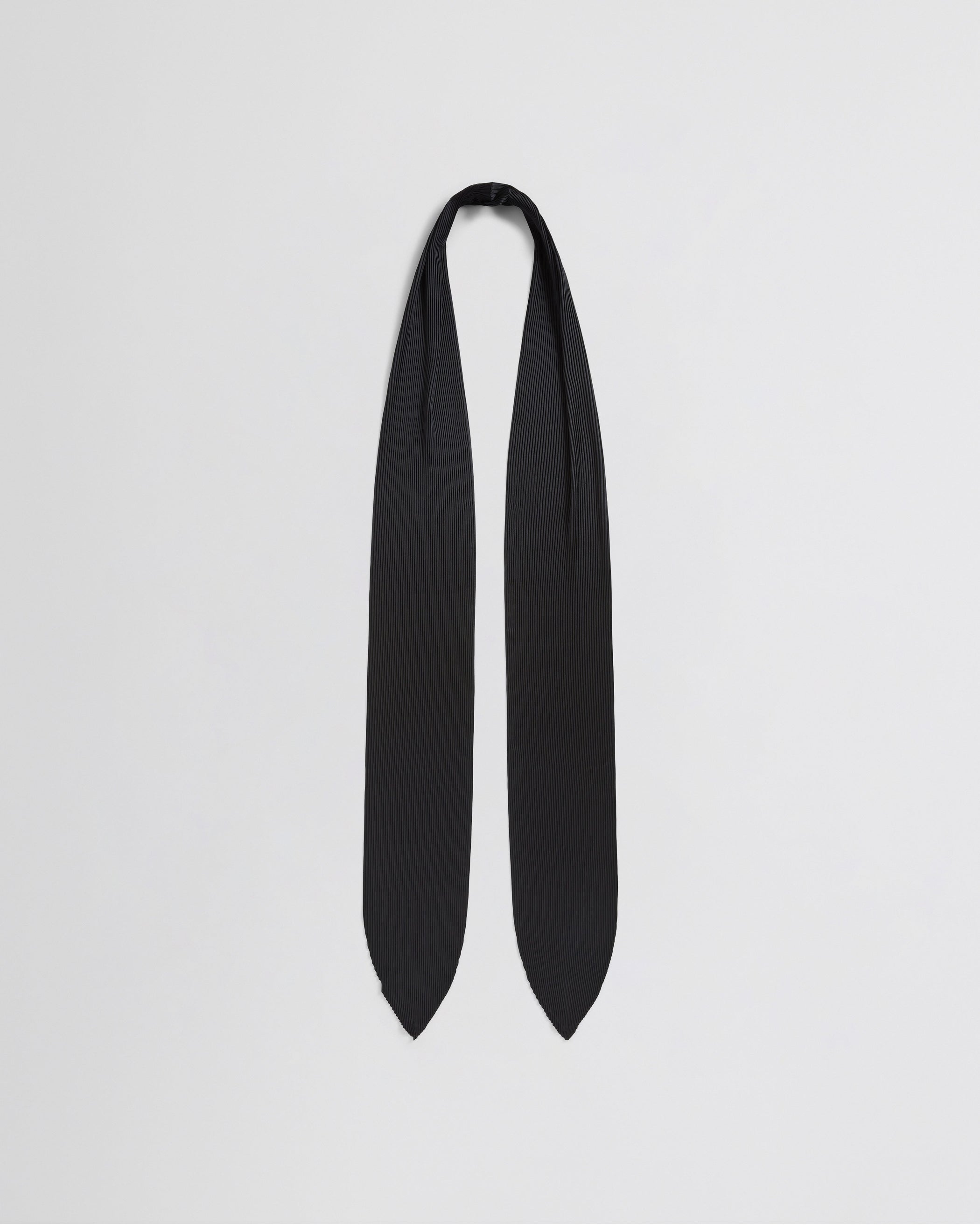 Flat front view of LONG PLEATED SCARF in black silk