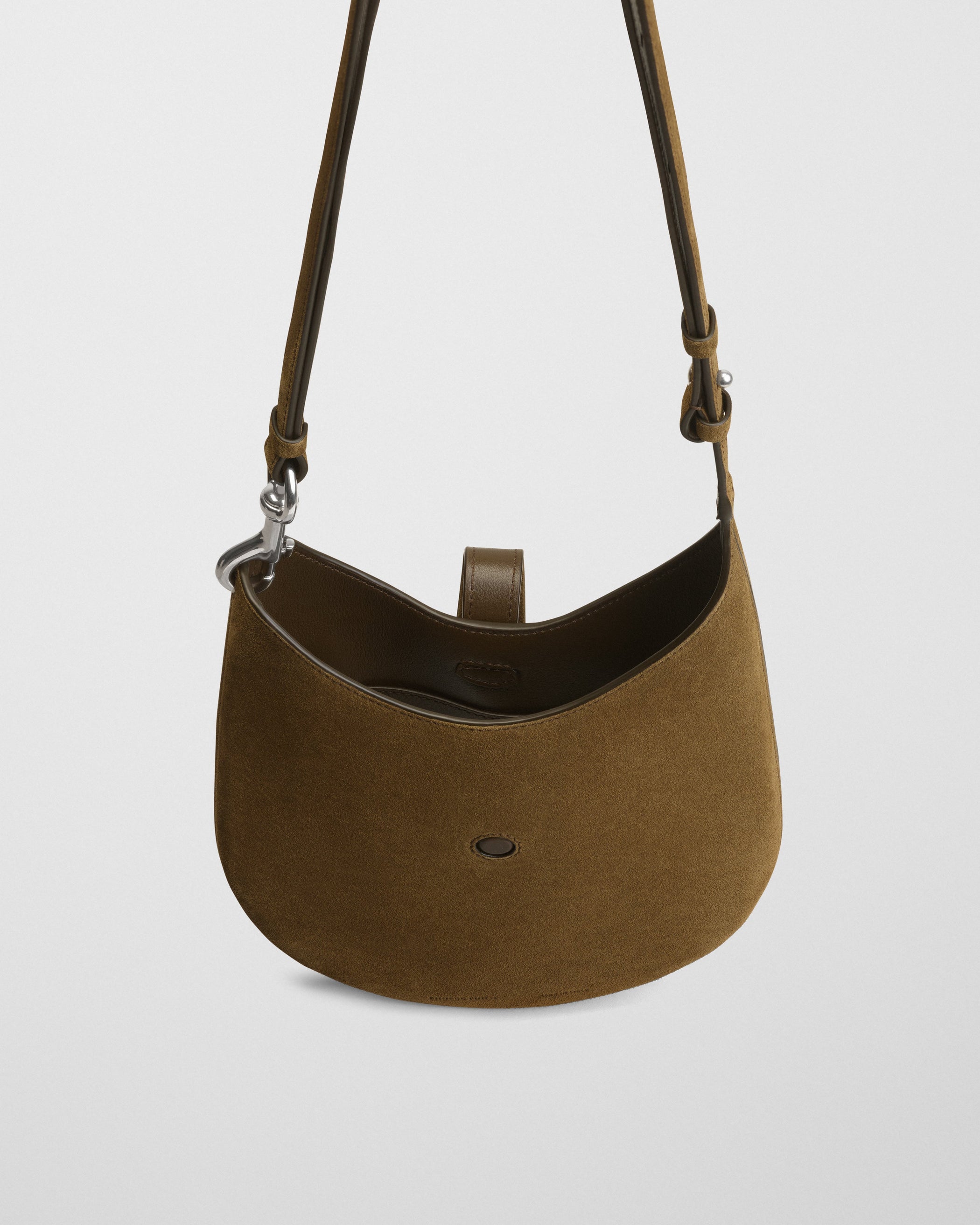 Close up detail view of MINI BEAN SLING in olive suede