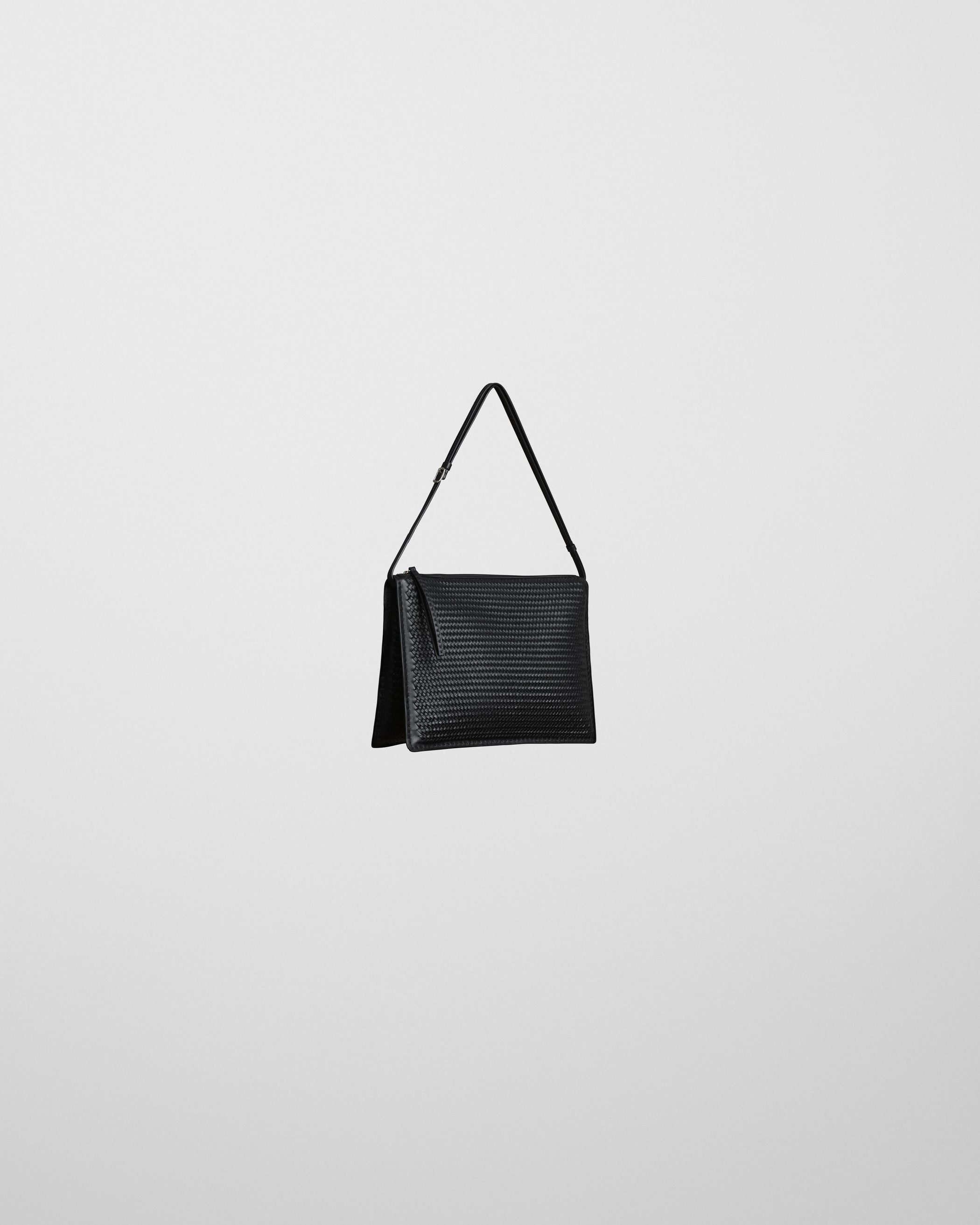 Side view of GLOVE POCHETTE in black woven leather