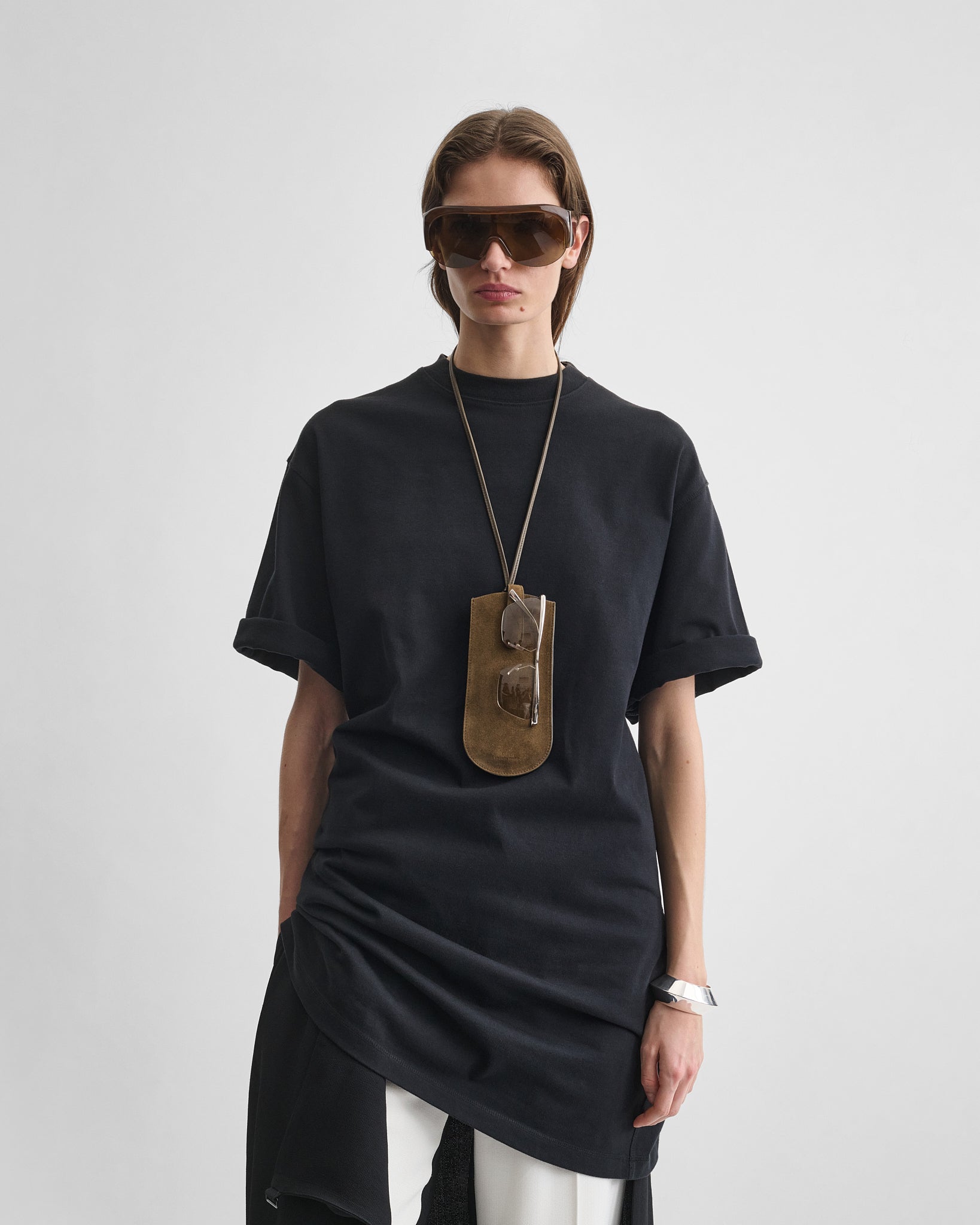 View of GLASSES POUCH in olive suede