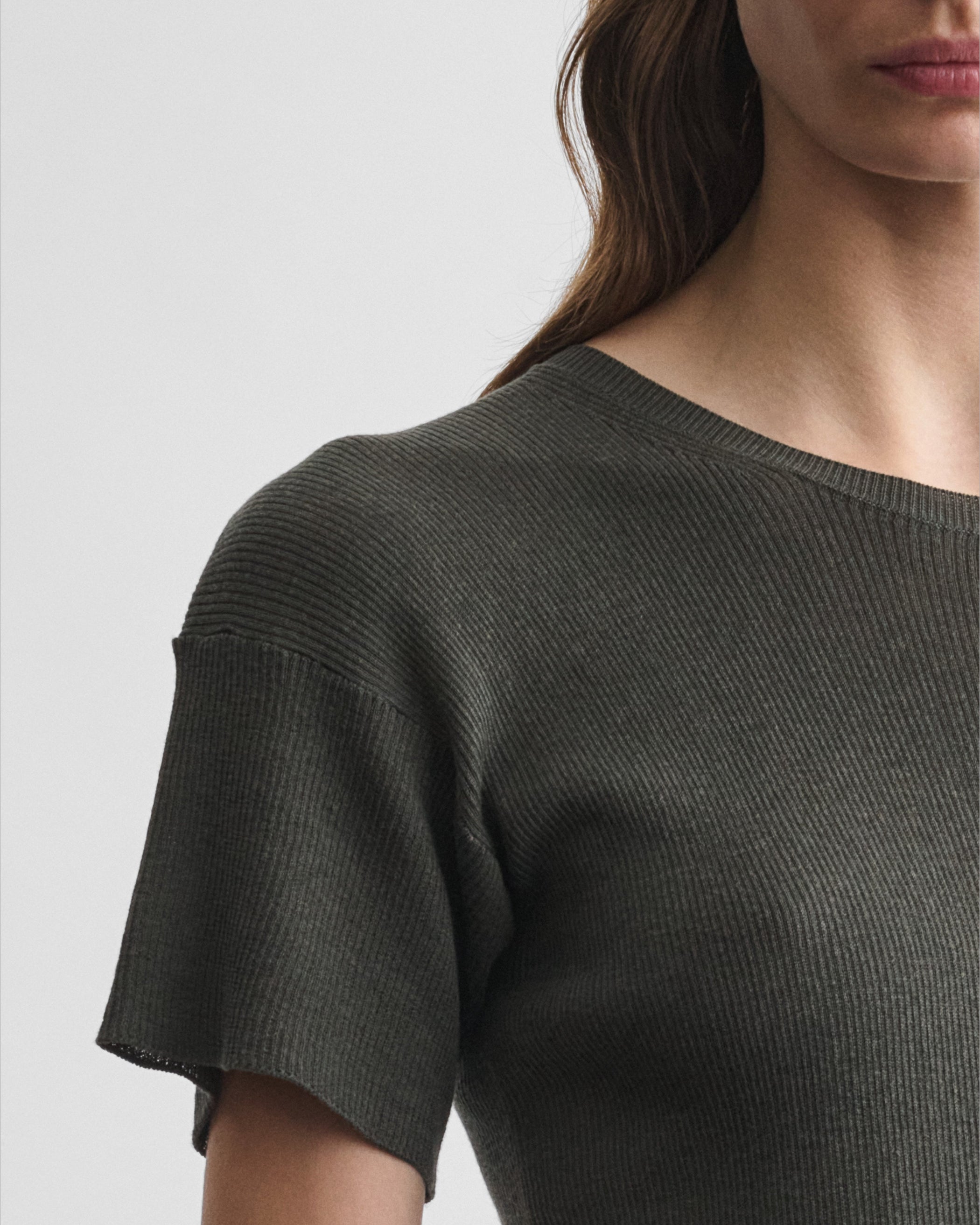 View of SCOOP NECK RIB T-shirt in sludge cotton
