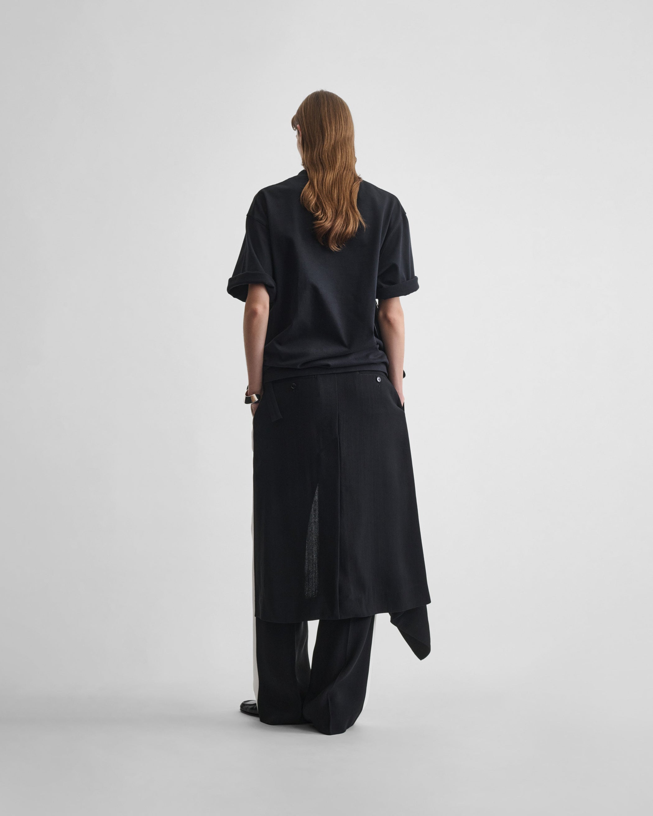 View of APRON TROUSERS in black/white woven viscose