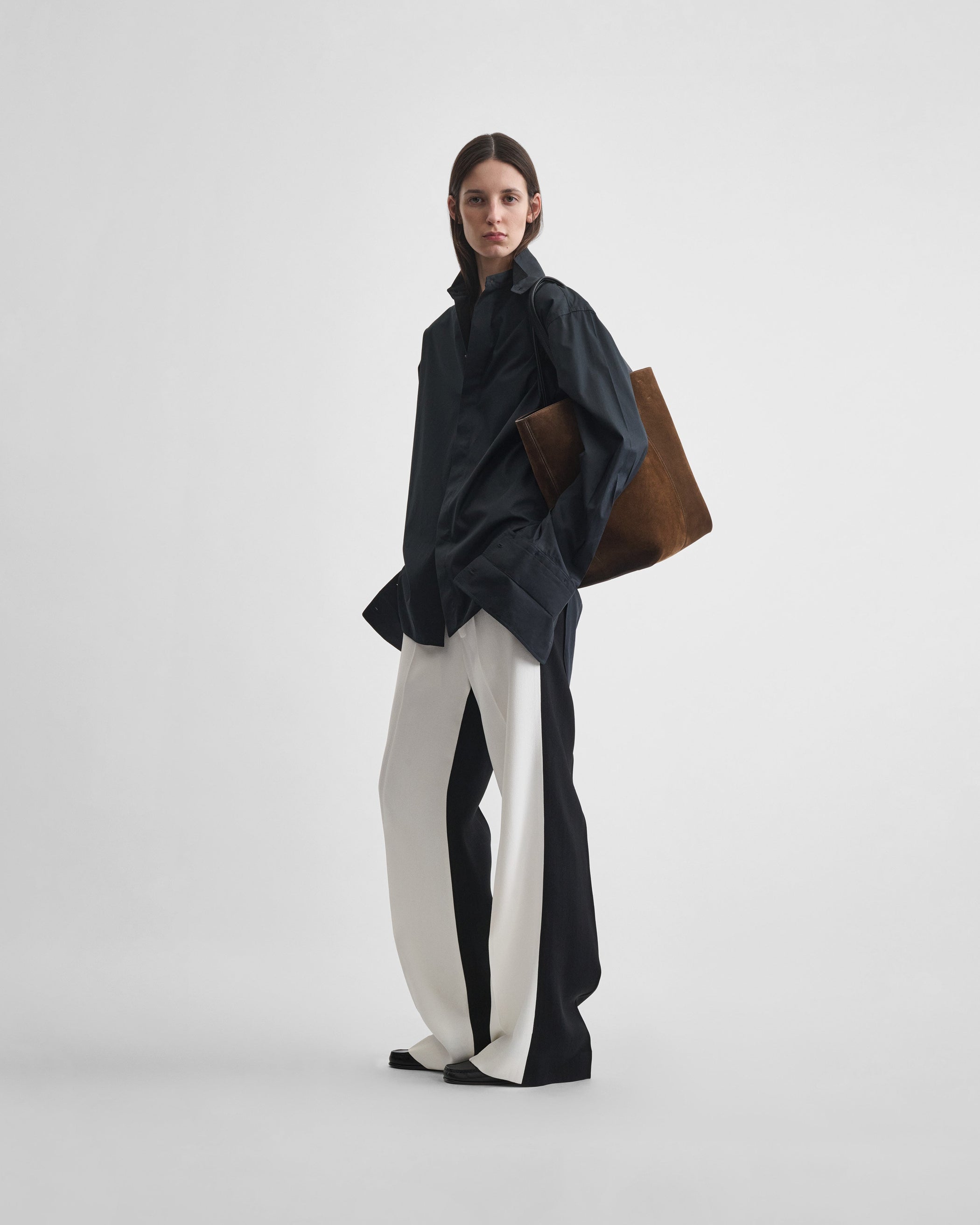 View of STRAIGHT LEG TROUSERS in black/off white woven viscose