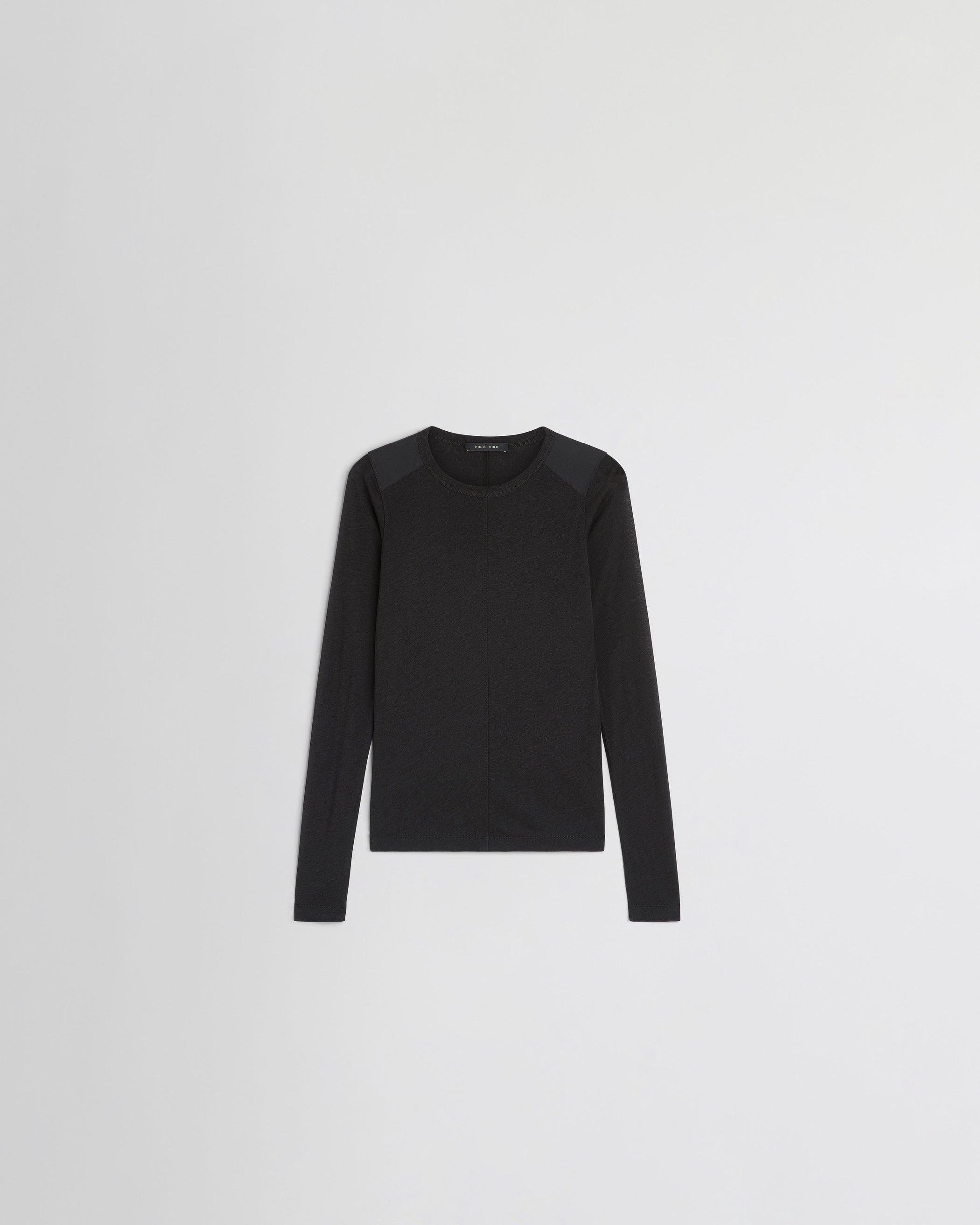 Flat front view of CREW NECK TOP in black cotton