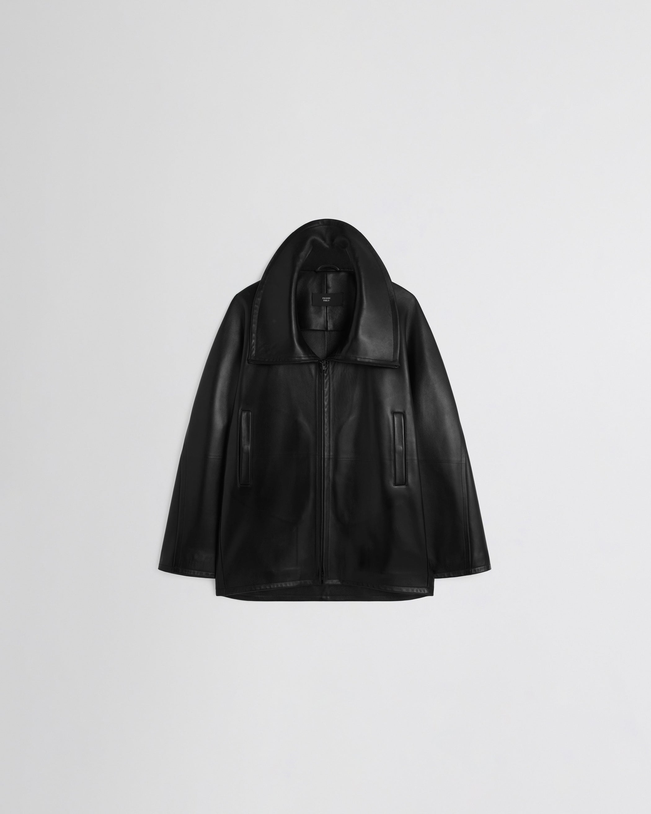 Flat front image of SWATHE JACKET in black leather