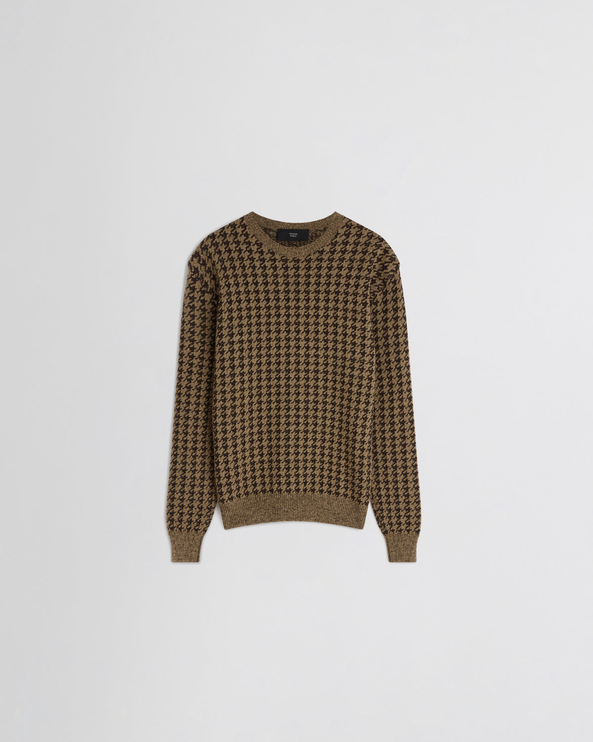 Front view of CREWNECK JACQUARD SWEATER in brown/beige houndstooth