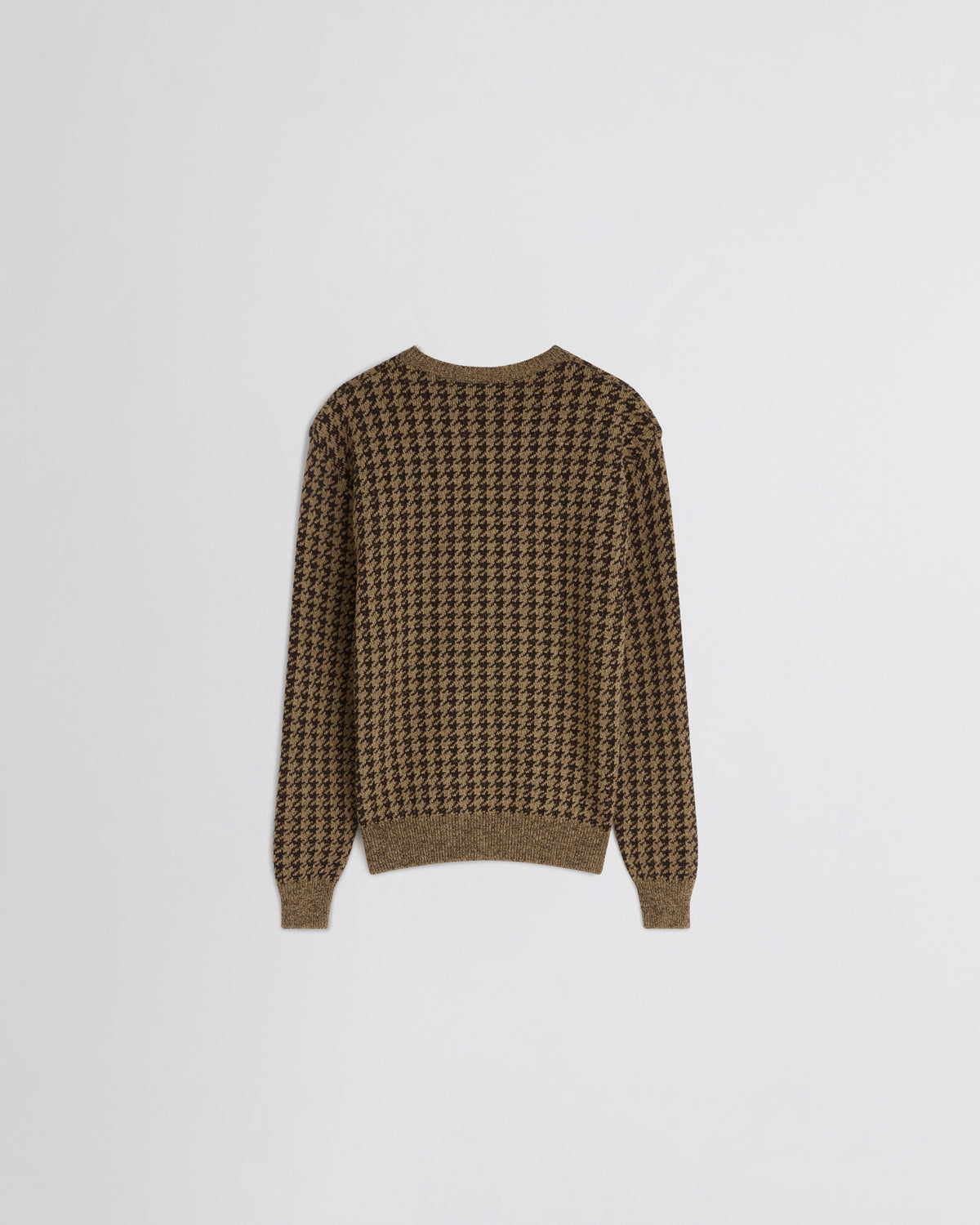 Back view of CREWNECK JACQUARD SWEATER in brown/beige houndstooth