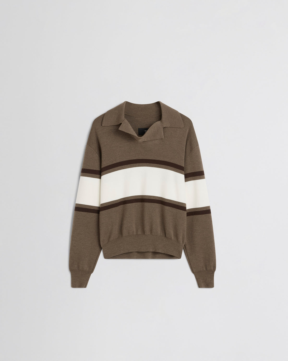 Front view of OPEN POLO SWEATER in cigar/cream/chocolate brown wool