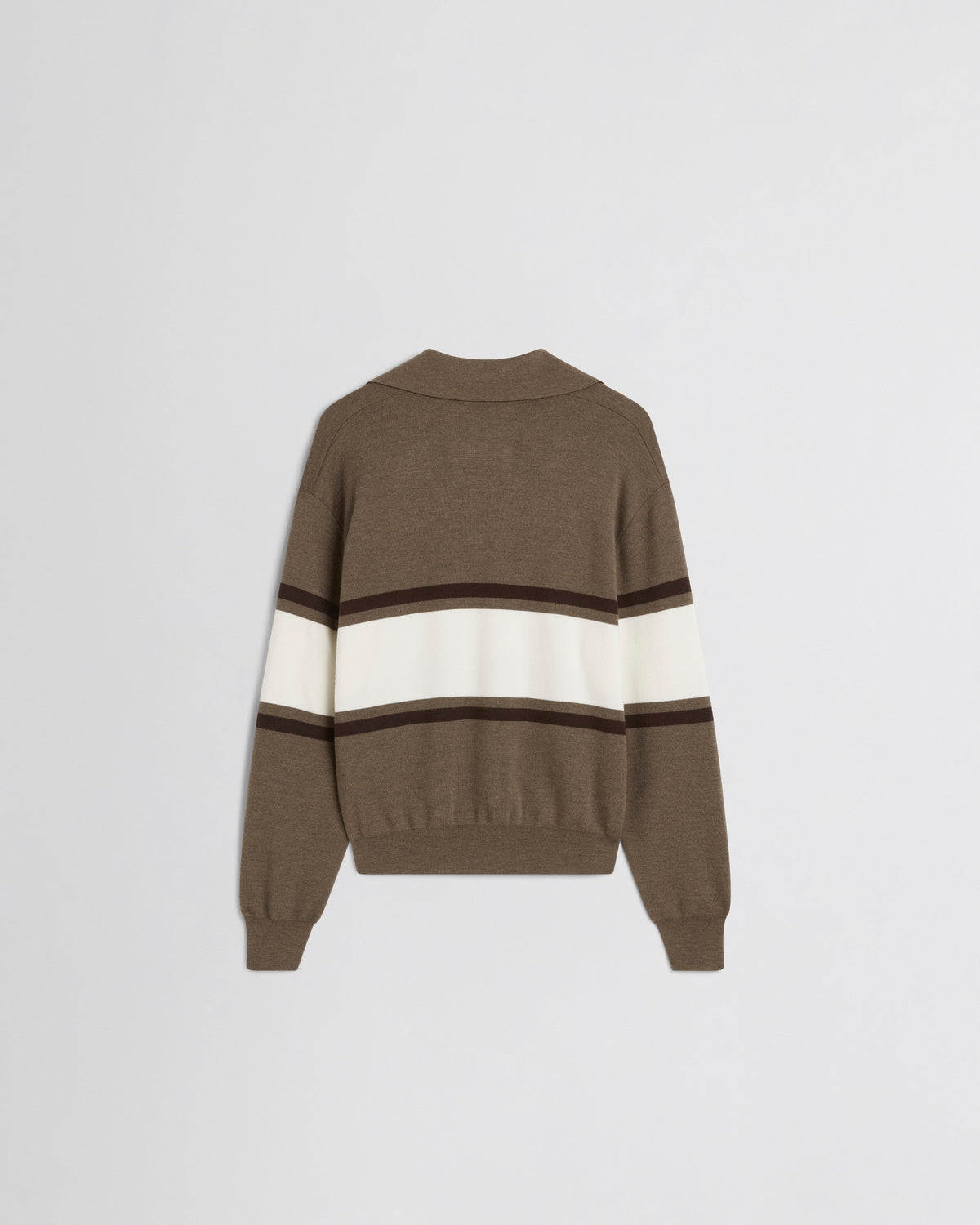 Back view of OPEN POLO SWEATER in cigar/cream/chocolate brown wool