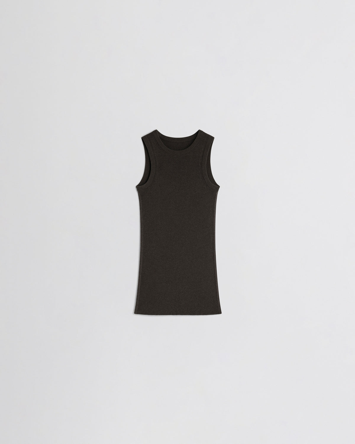 Flat front view of RIBBED TANK in brown wool