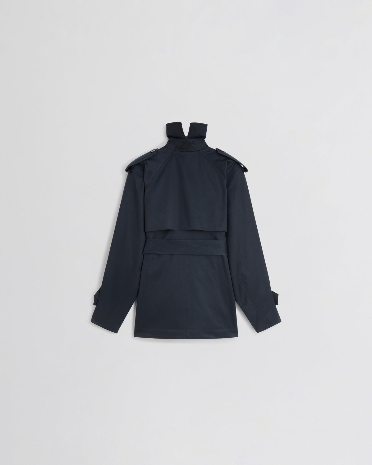 Back view of CROPPED TRENCH in black ink cotton