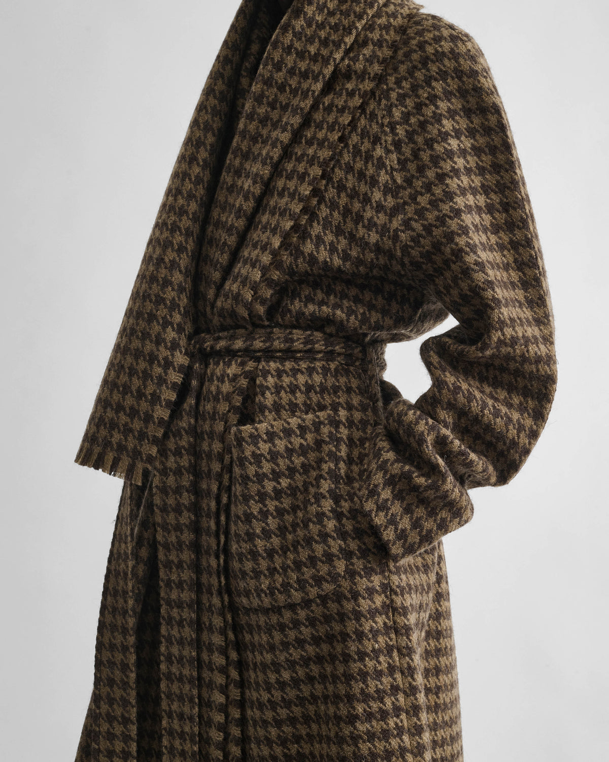 Detail view of BLANKET COAT in brown bronze wool