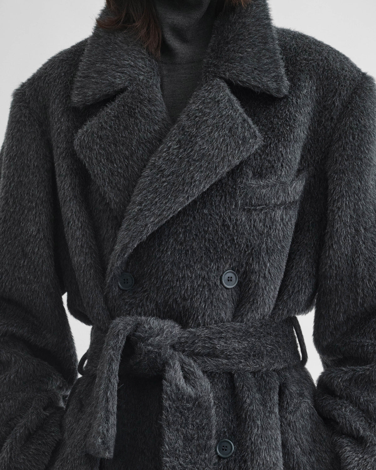 Detail view of BELTED TEDDY COAT in ash shearling