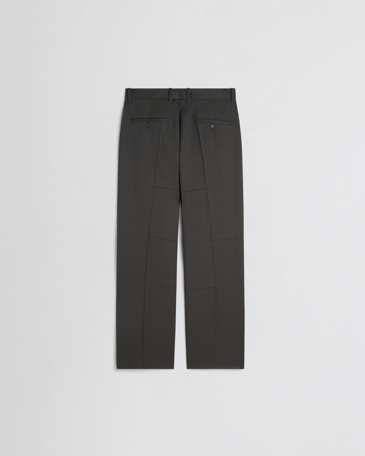 Back view of PRESSED DROP TROUSERS in green bronze wool