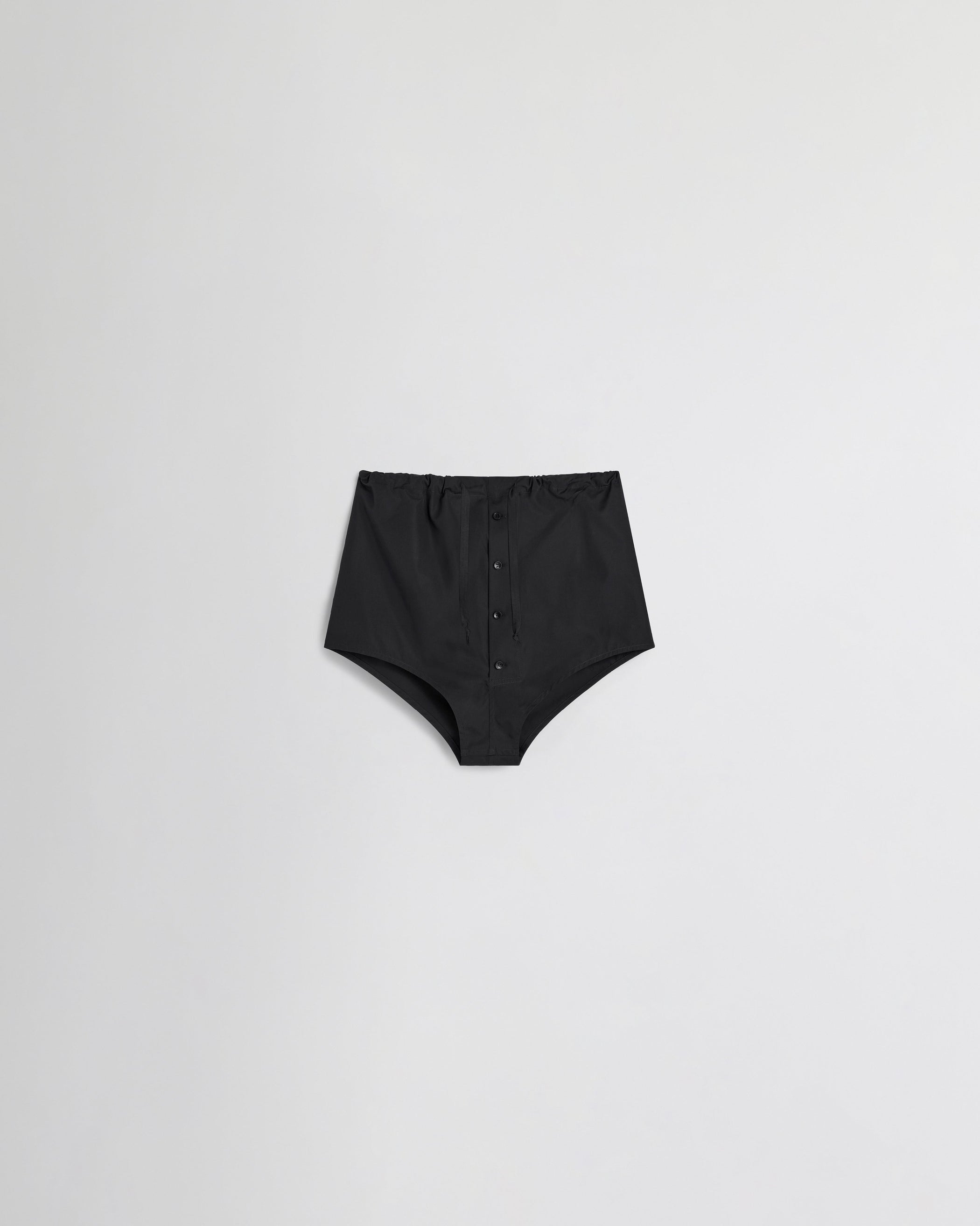 Flat front view of HIGH SHORTS in black cotton