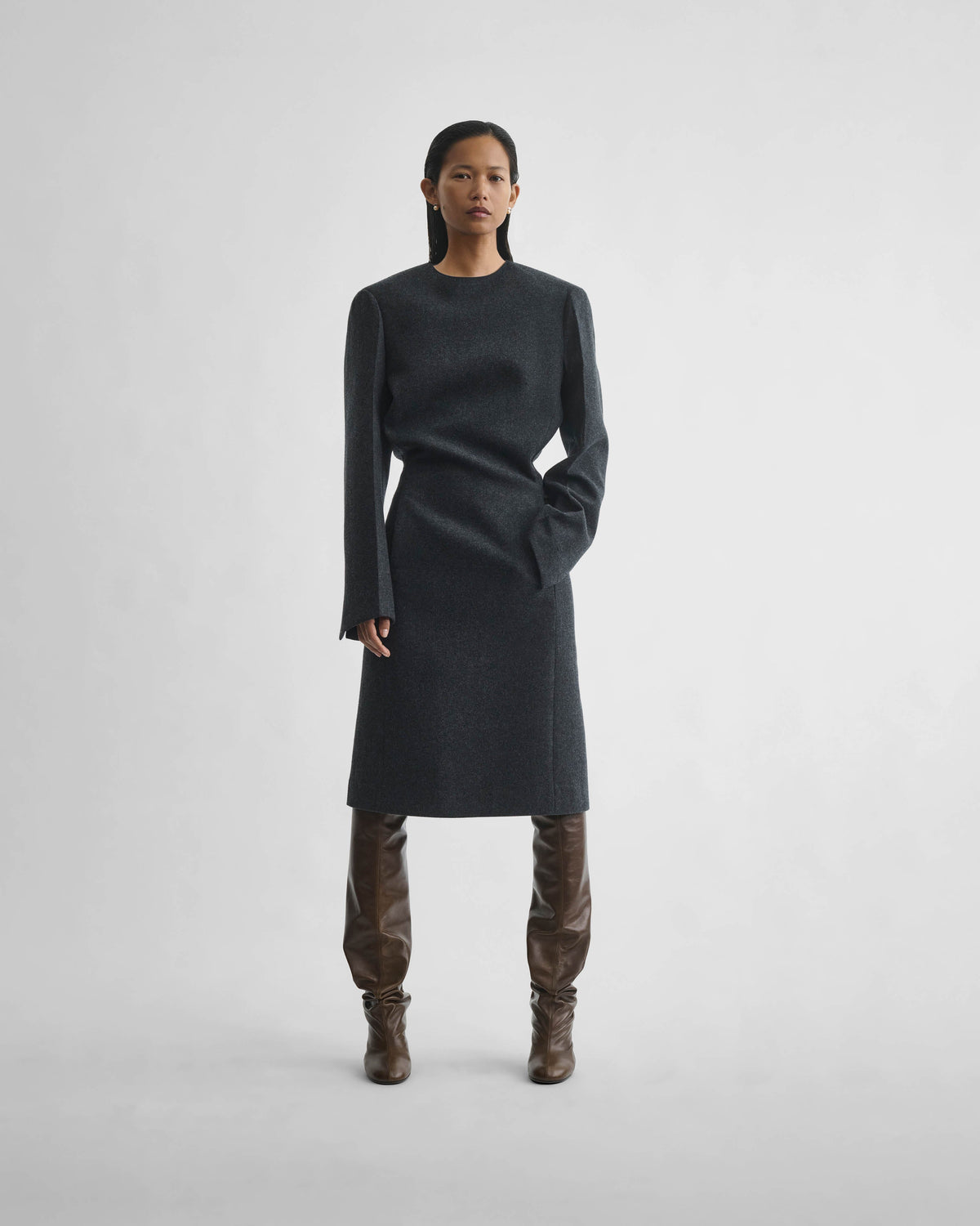 Front view of model wearing KINKED TAILORED DRESS in anthracite wool cashmere