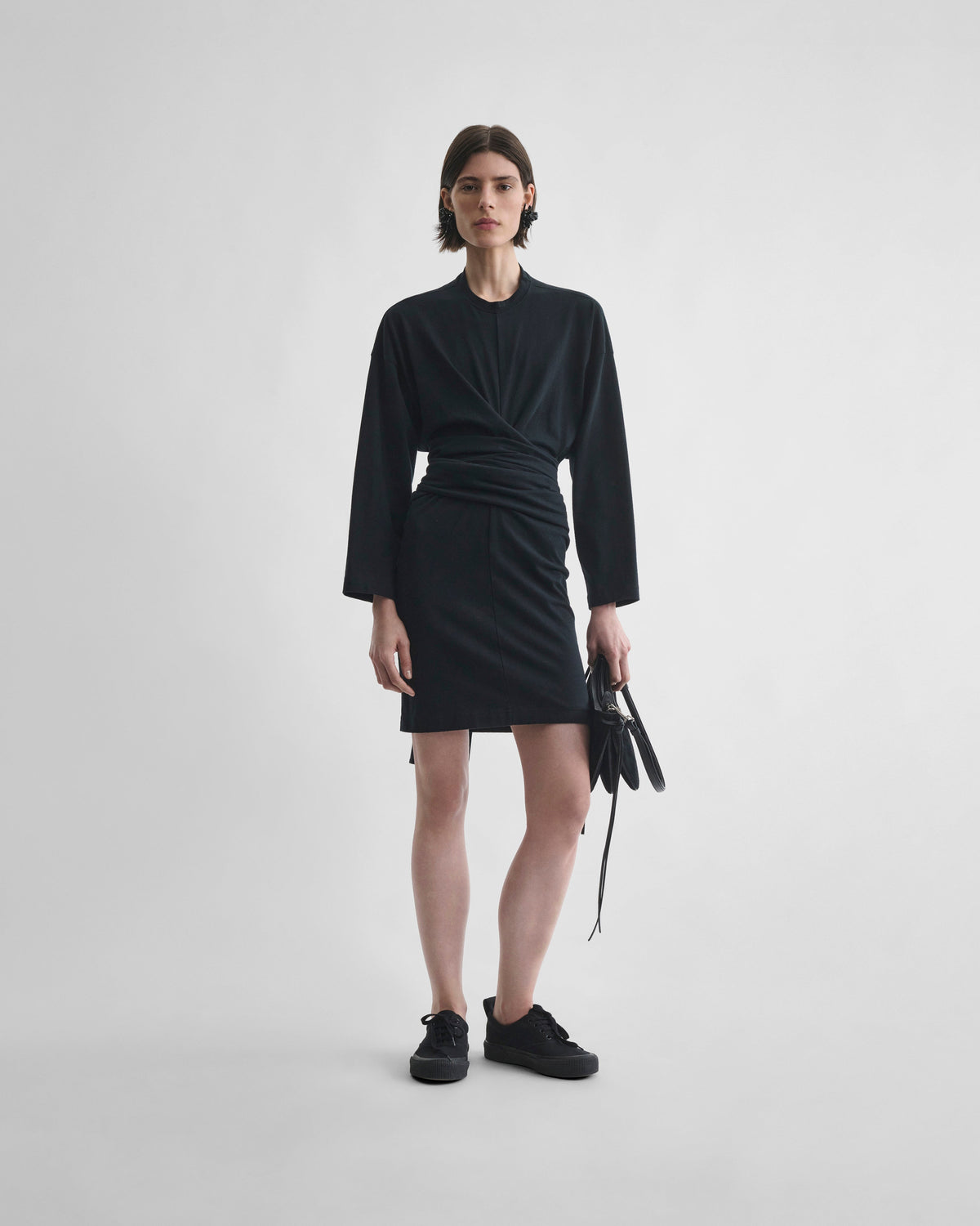 Front view of model wearing TIE T-SHIRT DRESS in black cotton