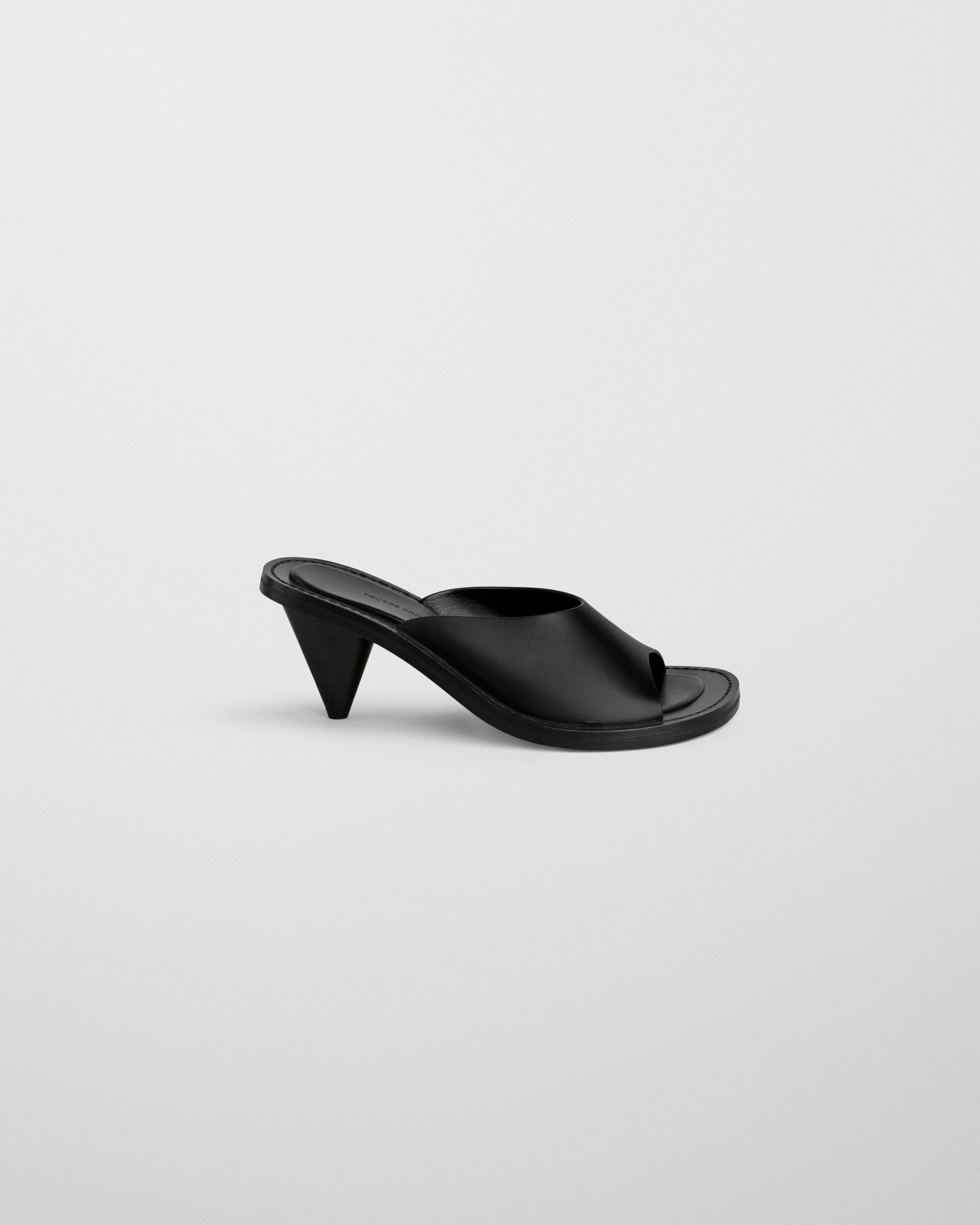 Flat side image of STRAP MULE in black leather