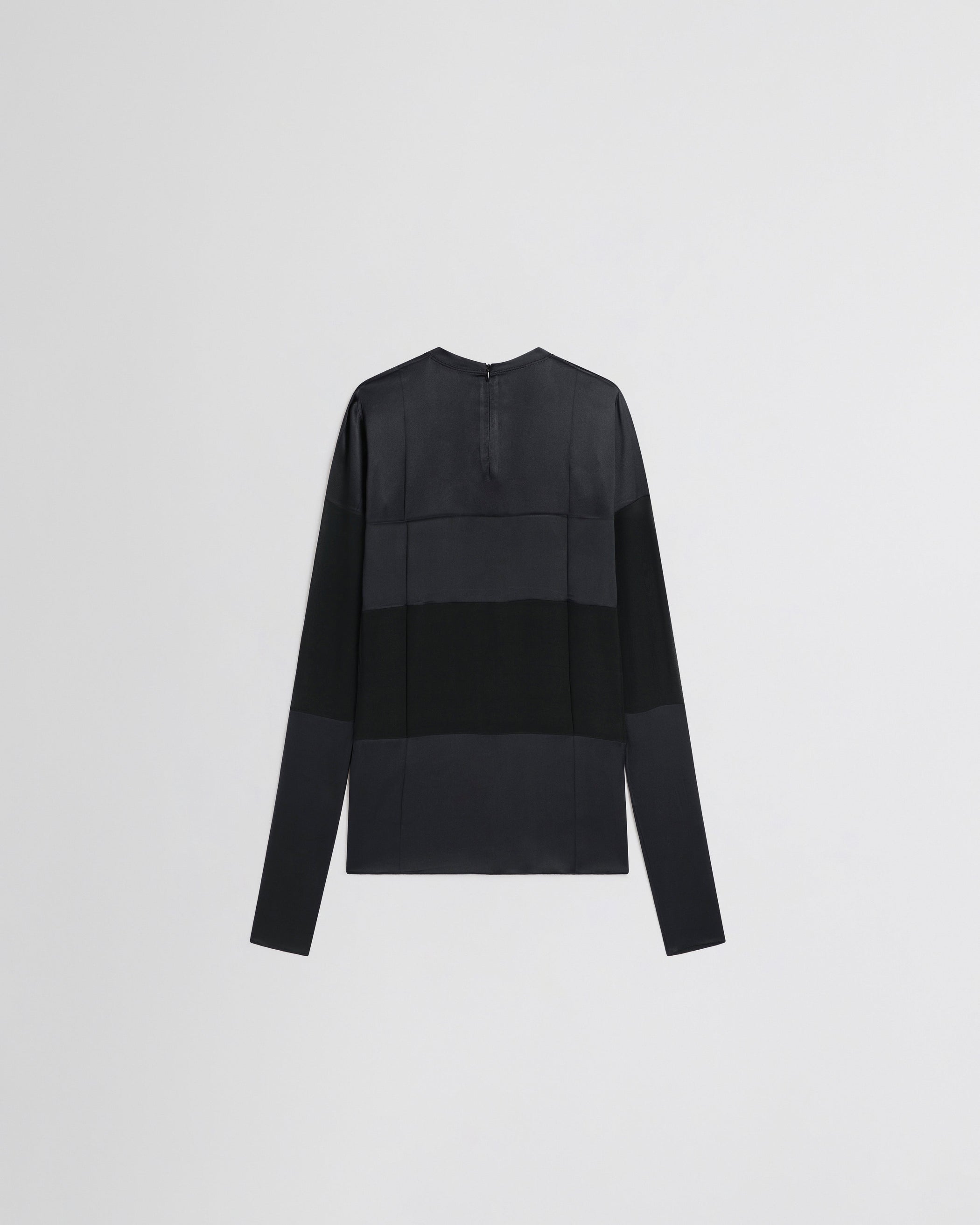 Flat back view of PANEL TOP in black silk