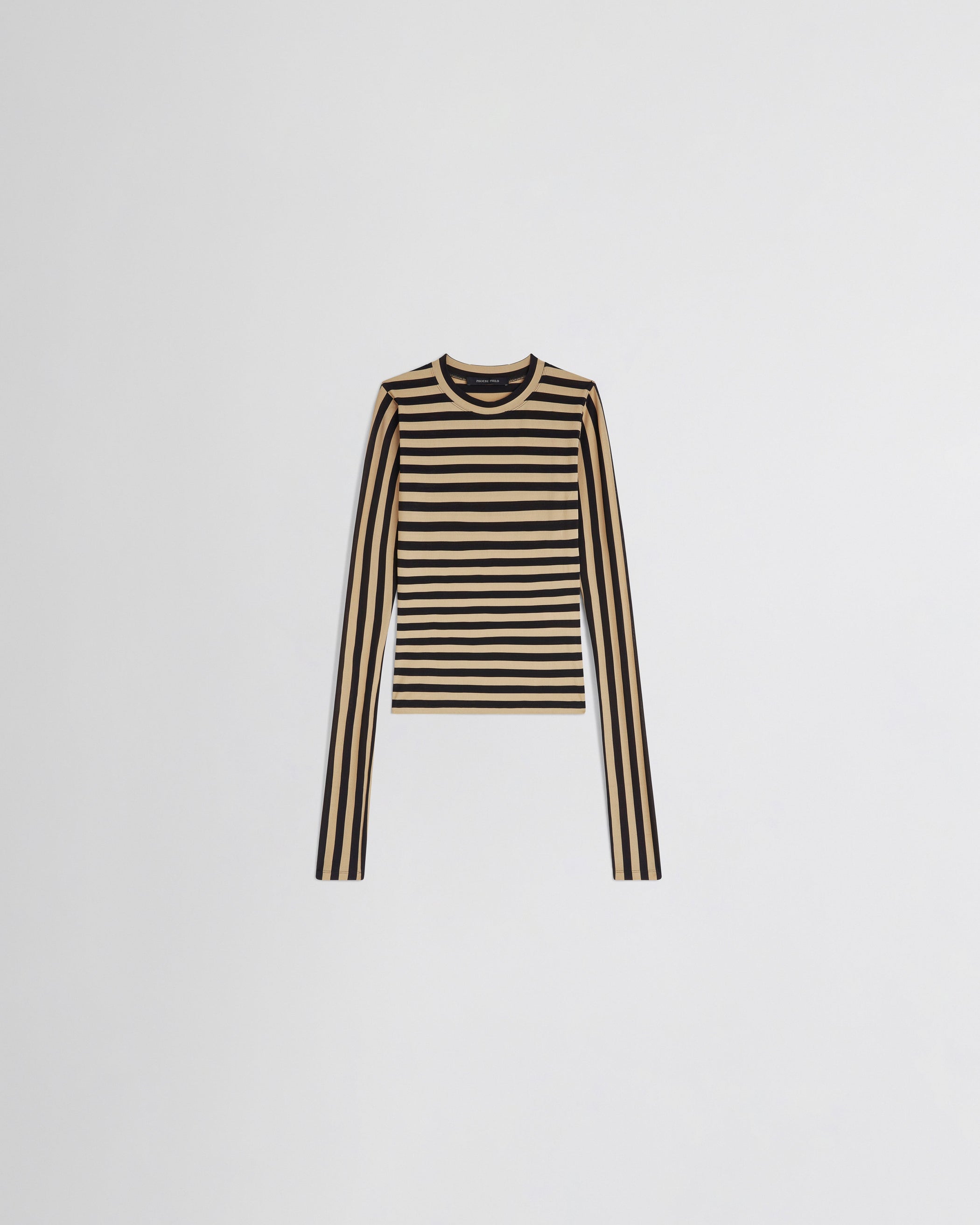 Flat front view of STRIPE TOP in toffee/black viscose