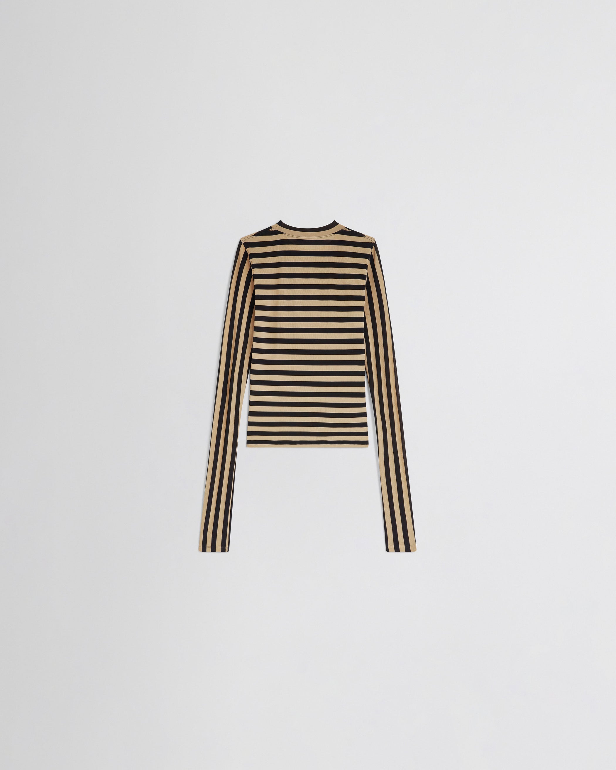 Flat back view of STRIPE TOP in toffee/black viscose