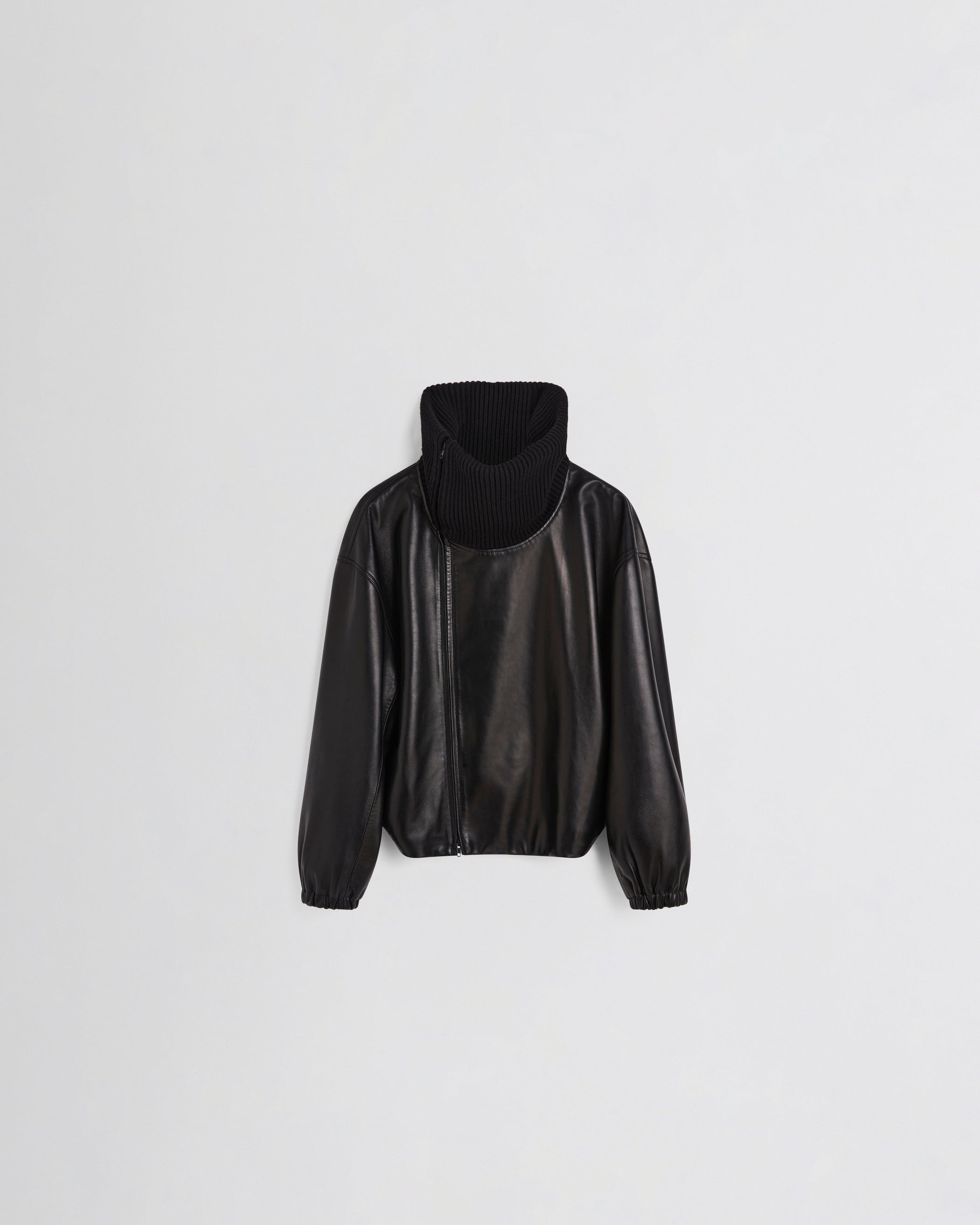 Front view of RIB NECK JACKET in black leather